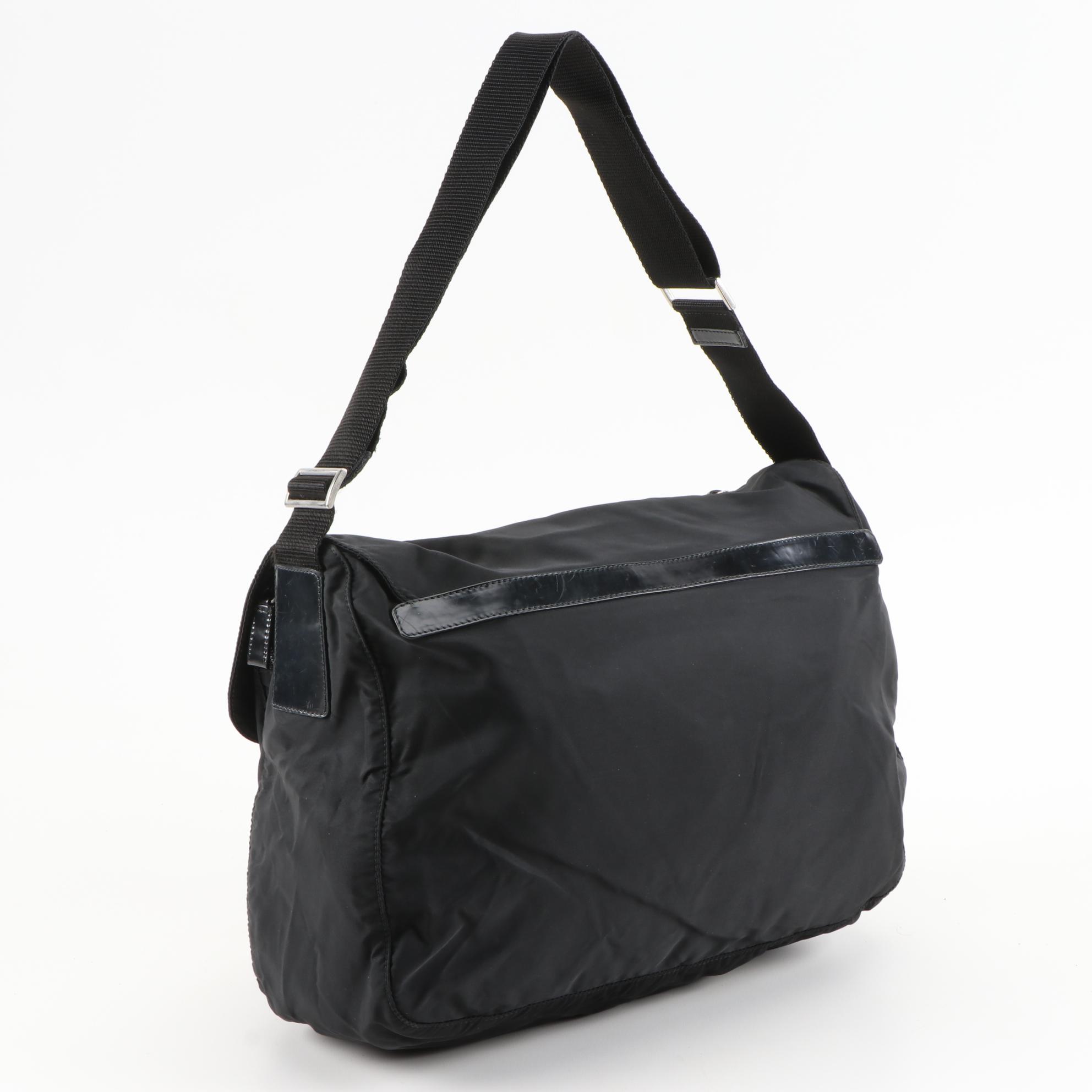 Prada Black Tessuto Nylon Shoulder Bag with Leather Trim