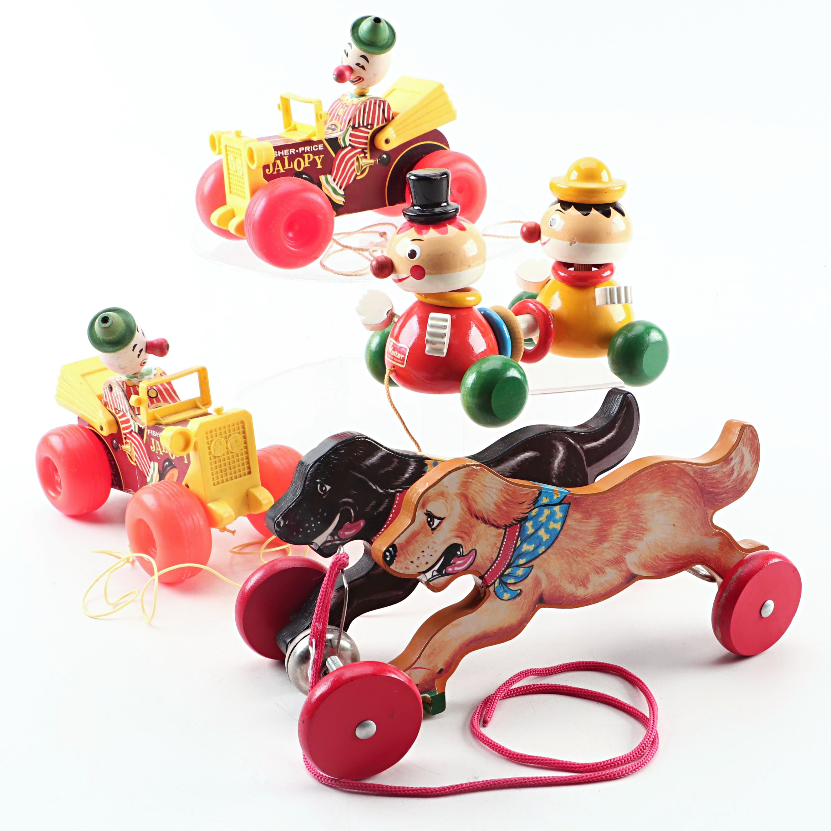 Walter, Schylling, and Fisher Price Pull Toys with "Jalopy" the Clown