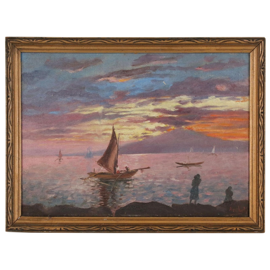 Isidro Ancheta Oil Painting of Harbor Scene with Boats