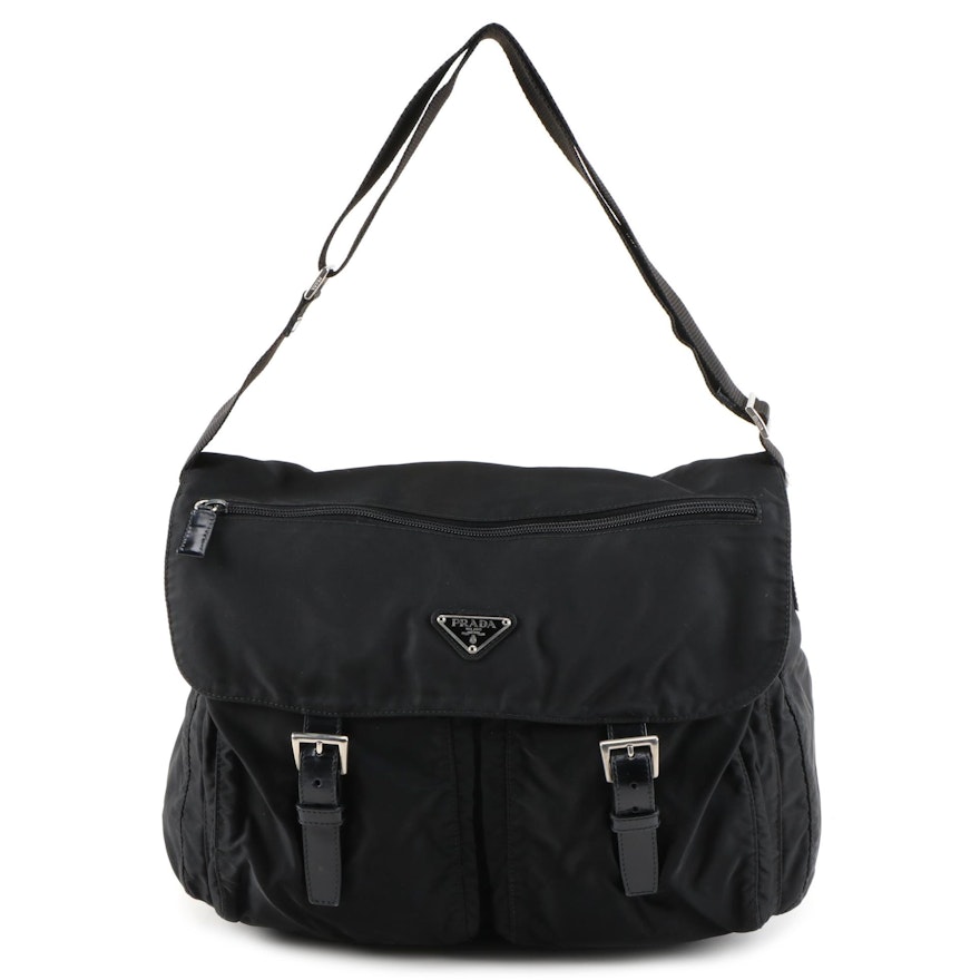 Prada Black Tessuto Nylon Shoulder Bag with Leather Trim