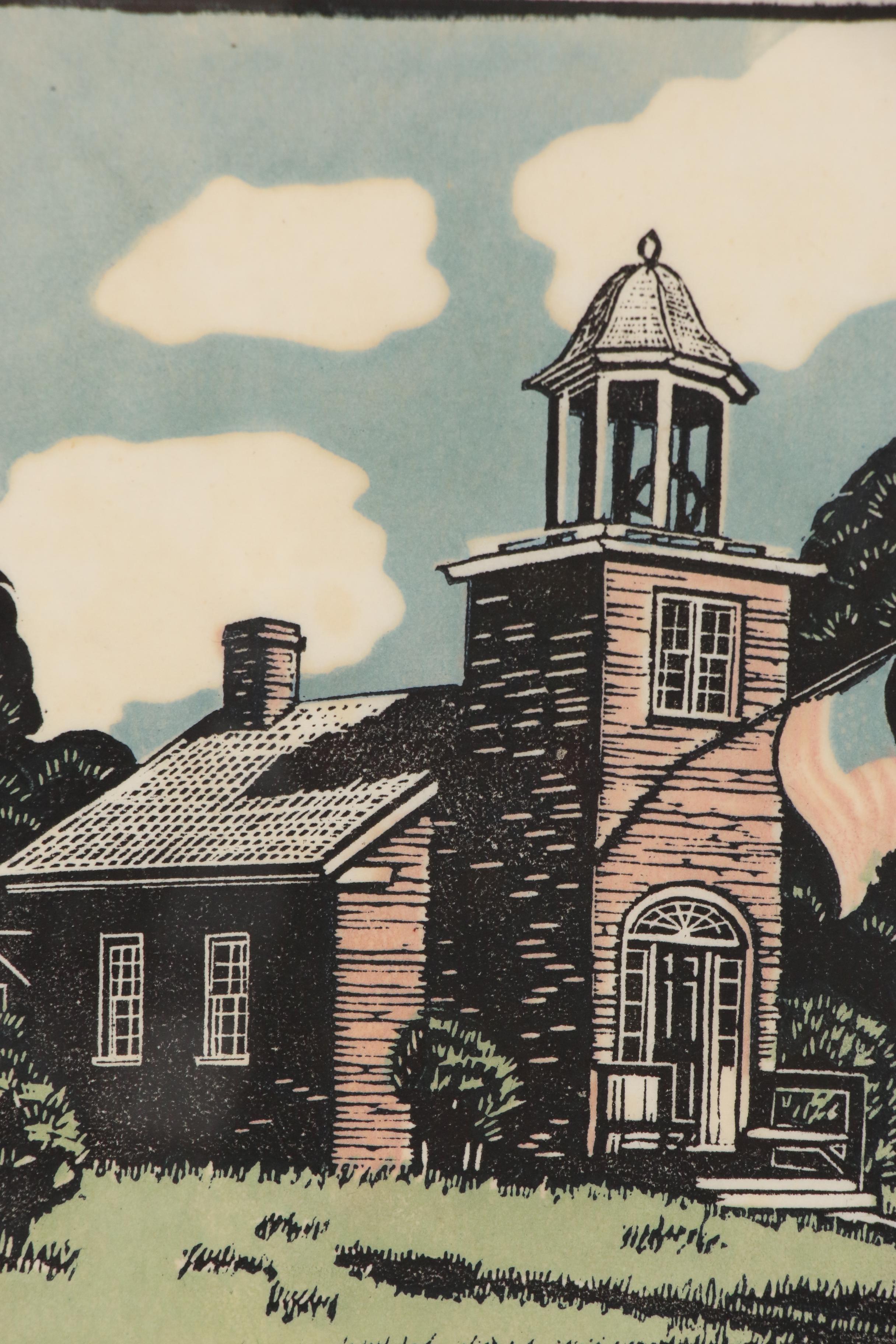Ruth Haviland Sutton Linocut "Red Schoolhouse, Storrowton", Circa 1955