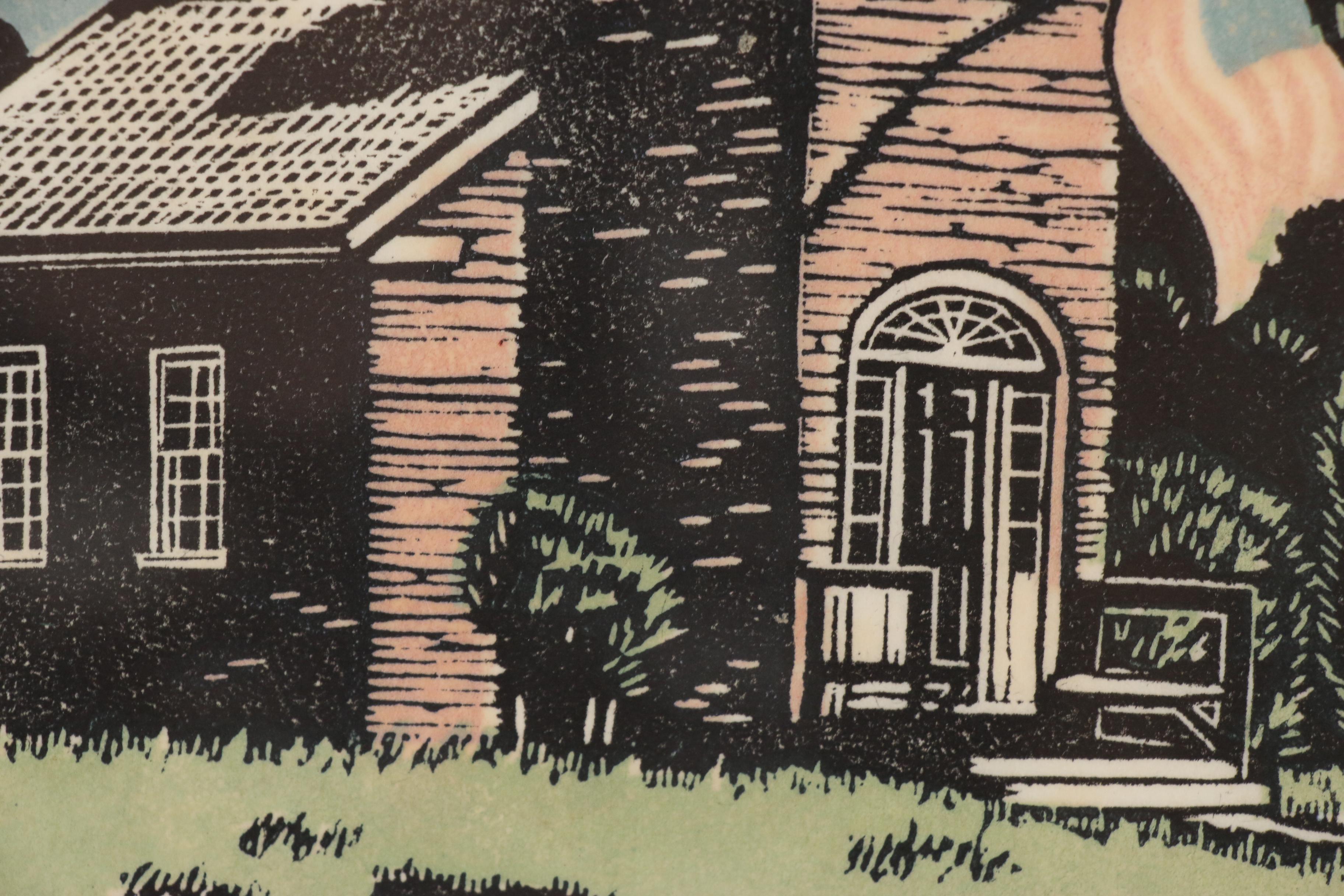 Ruth Haviland Sutton Linocut "Red Schoolhouse, Storrowton", Circa 1955