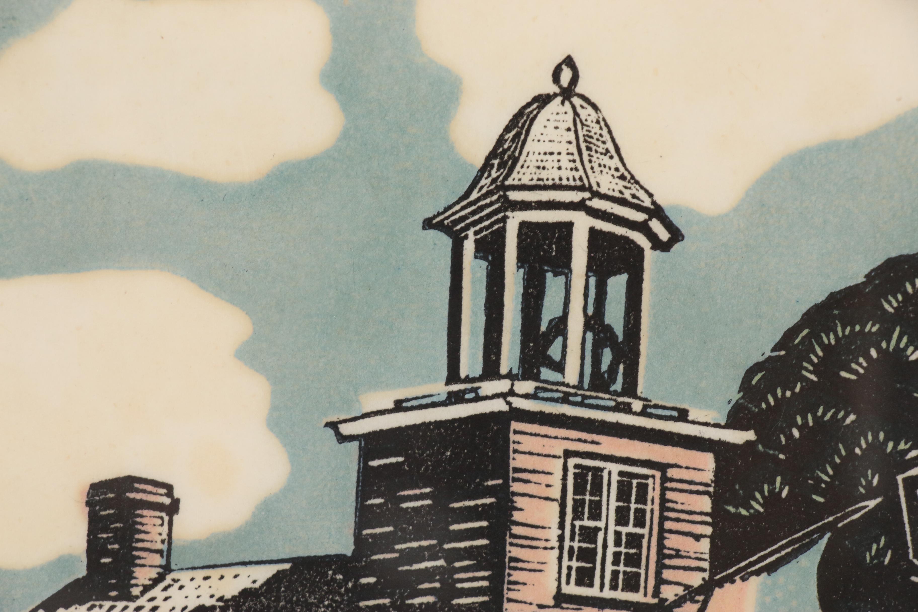 Ruth Haviland Sutton Linocut "Red Schoolhouse, Storrowton", Circa 1955