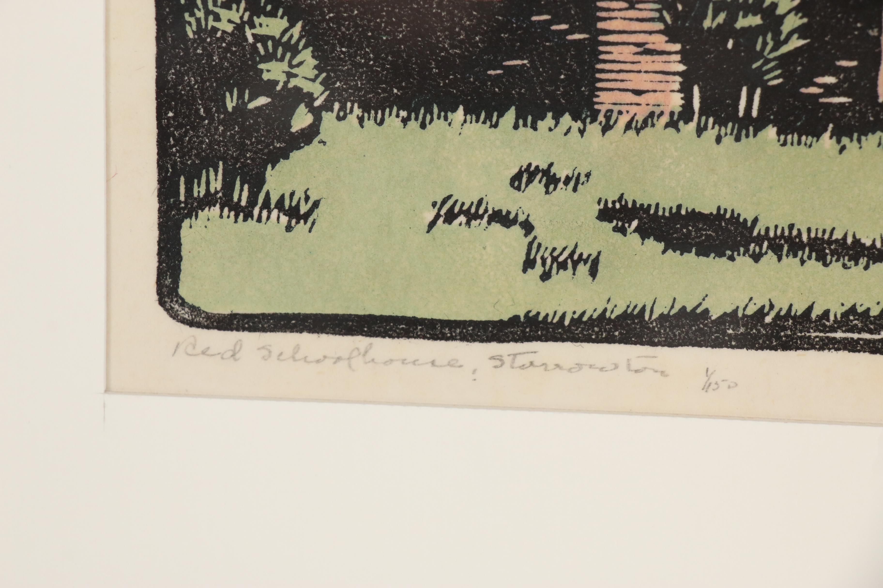 Ruth Haviland Sutton Linocut "Red Schoolhouse, Storrowton", Circa 1955