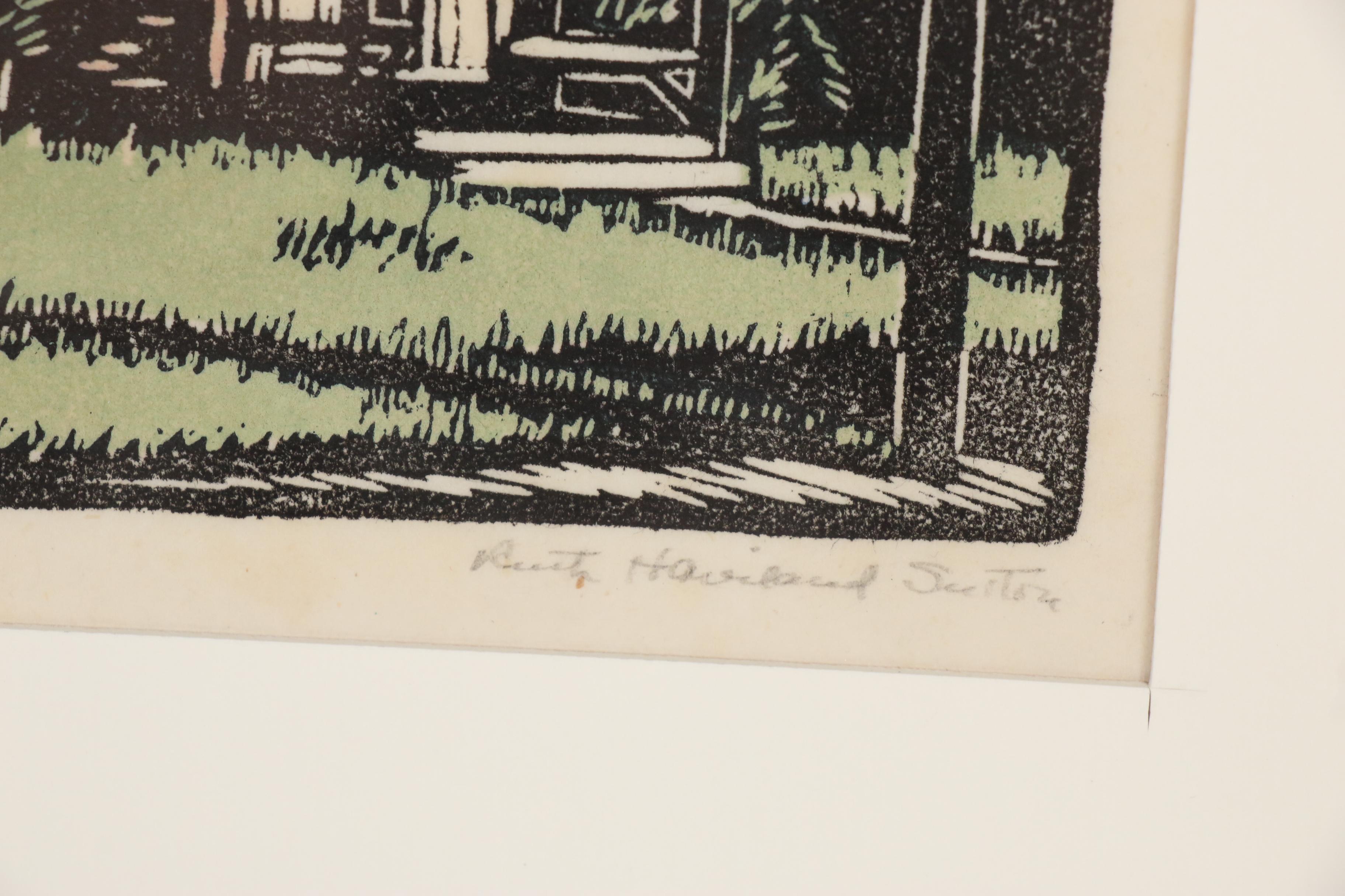 Ruth Haviland Sutton Linocut "Red Schoolhouse, Storrowton", Circa 1955