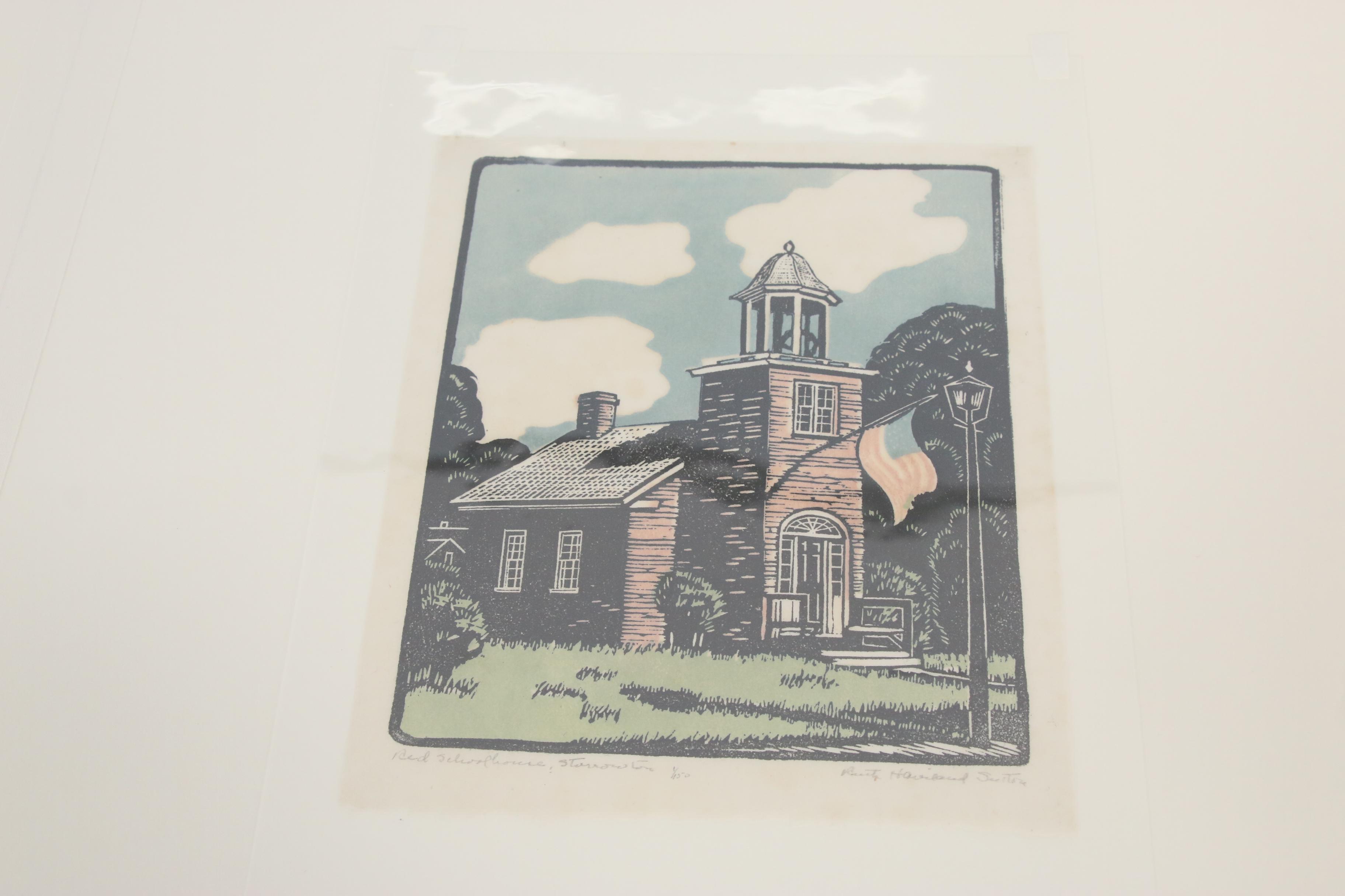 Ruth Haviland Sutton Linocut "Red Schoolhouse, Storrowton", Circa 1955