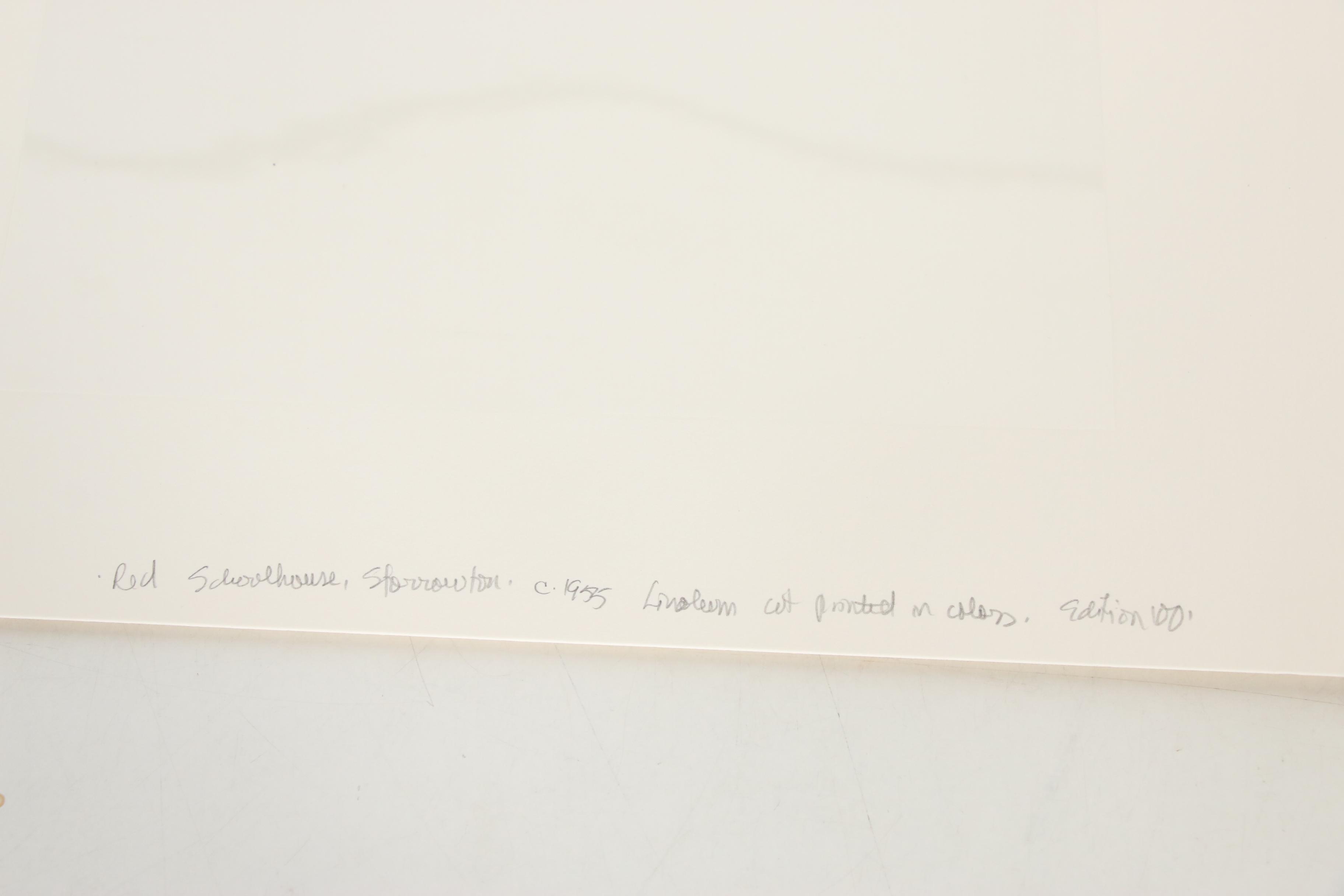 Ruth Haviland Sutton Linocut "Red Schoolhouse, Storrowton", Circa 1955