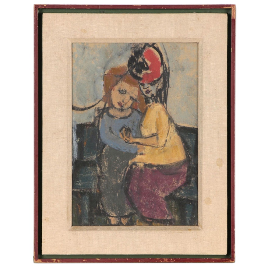 Figural Pastel Drawing of Two Embracing Woman