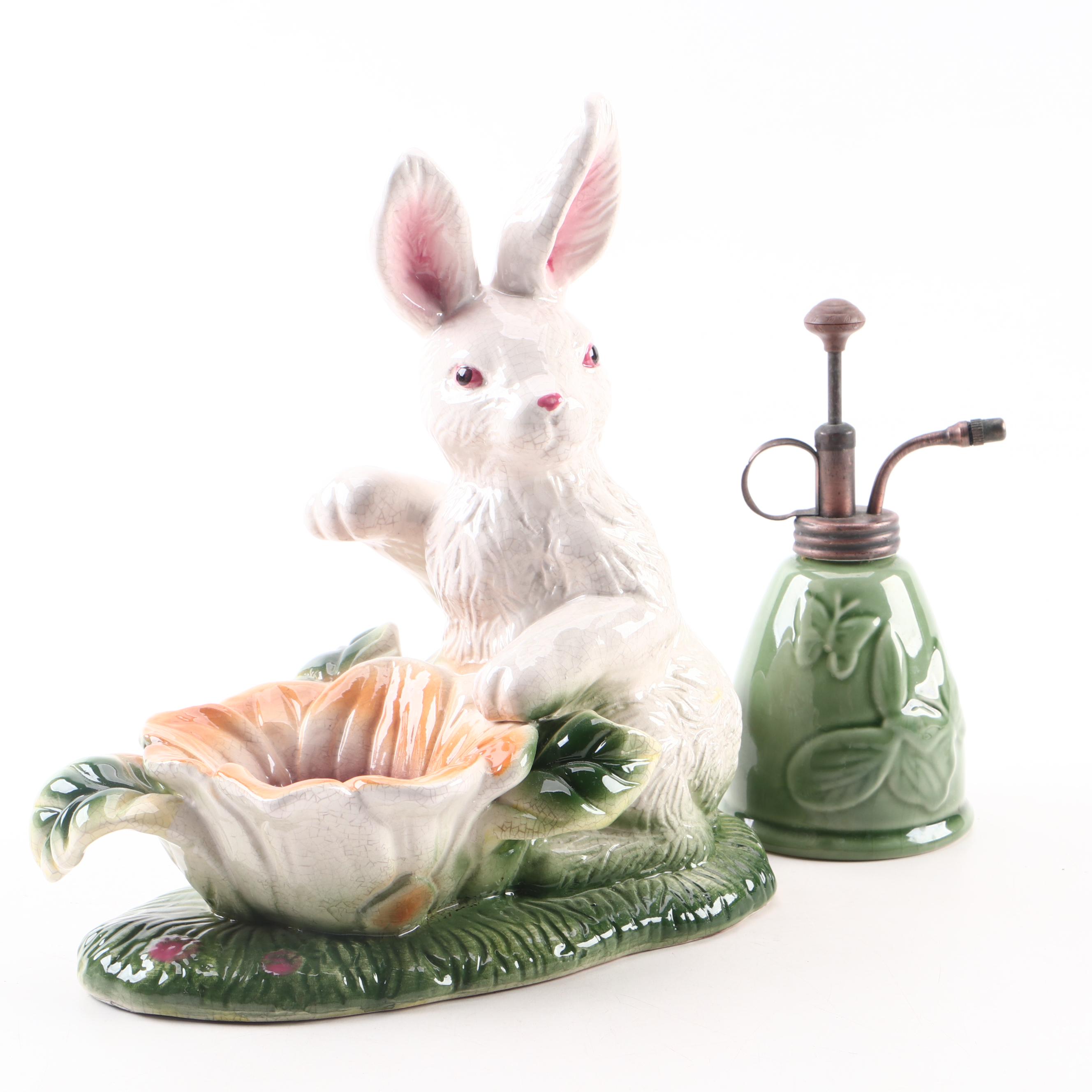 Majolica Style Rabbit Figurine and Ceramic Plant Mister