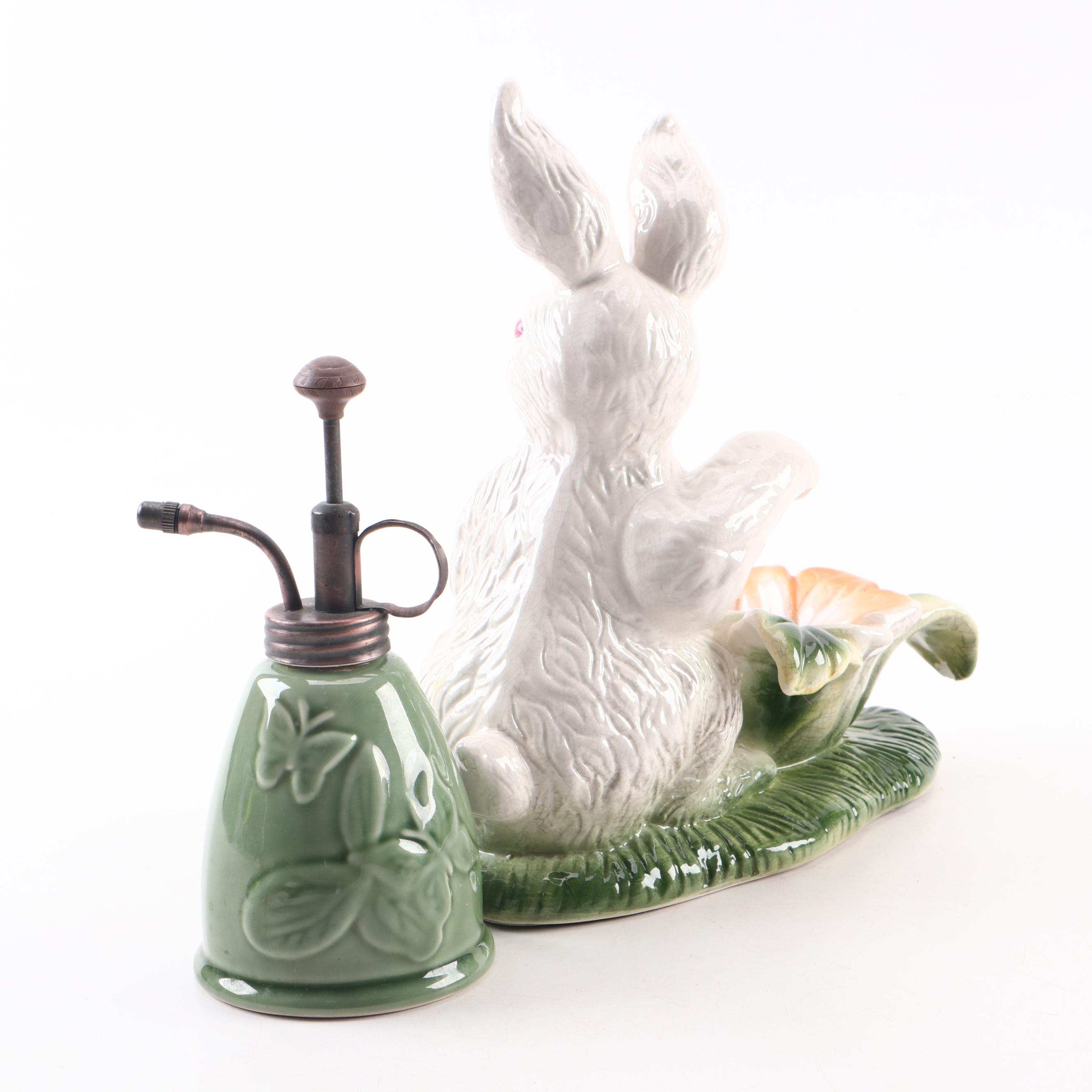 Majolica Style Rabbit Figurine and Ceramic Plant Mister