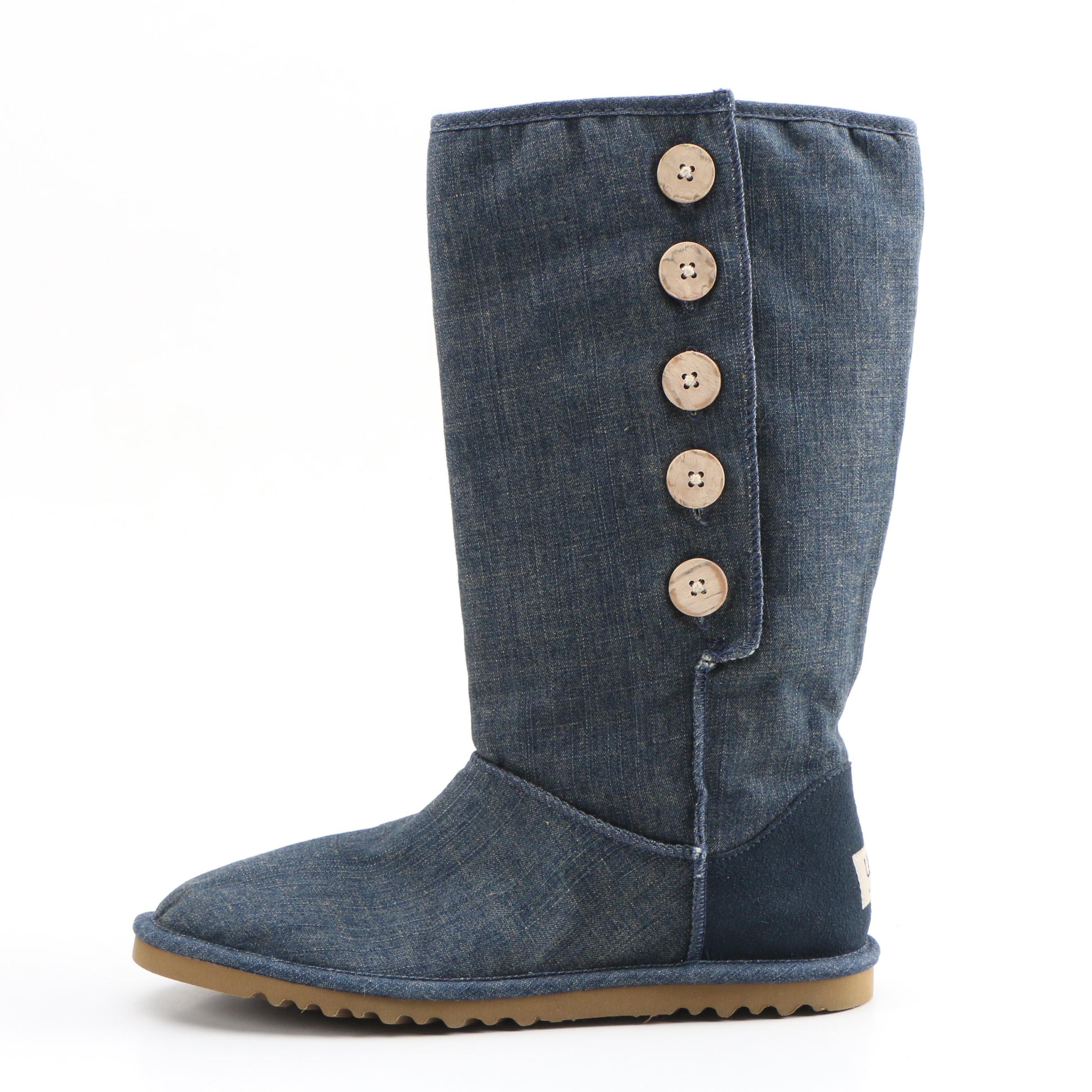 UGG Australia 5691 Lo Pro Button Boots in Blue Denim with Plaid Lining