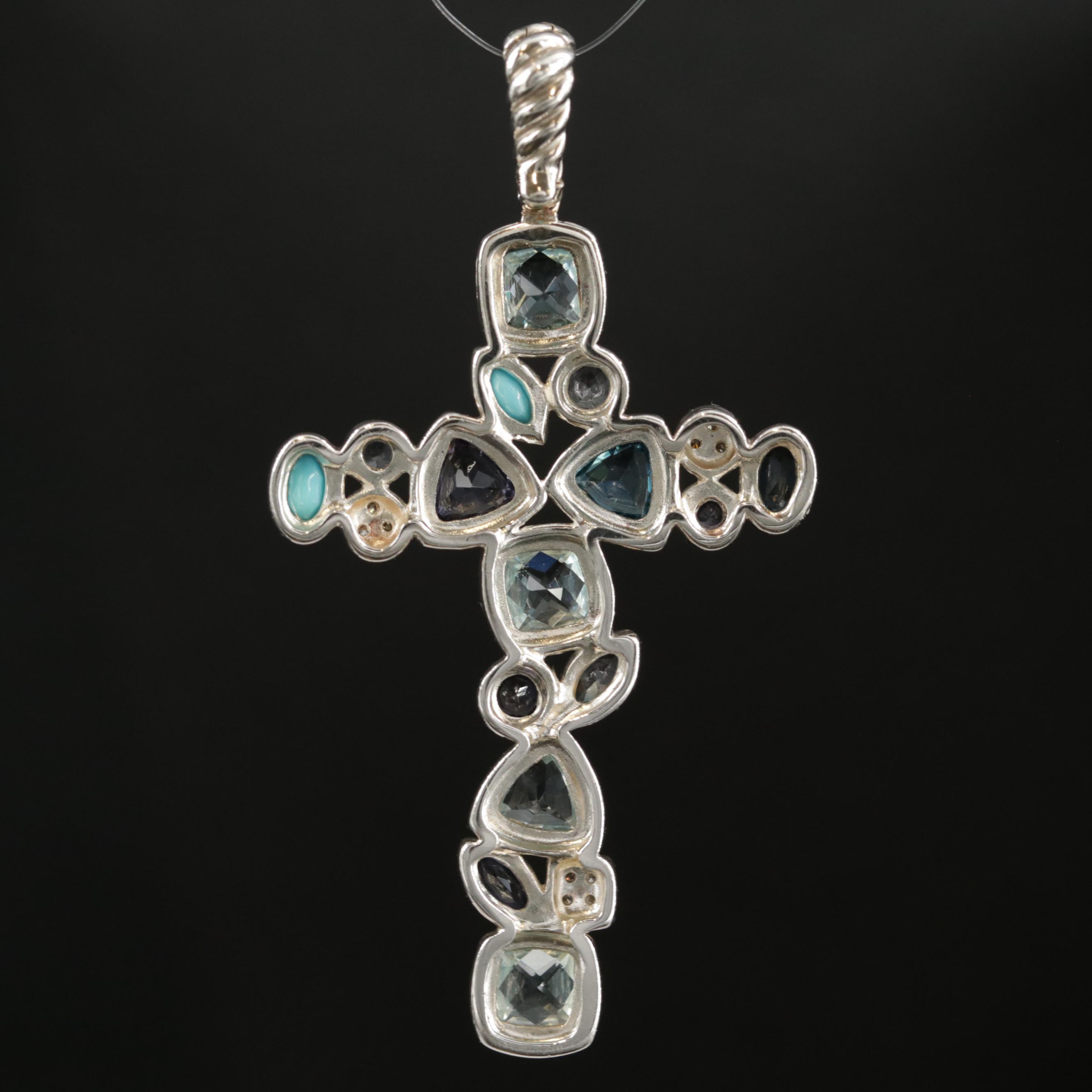 David Yurman "Confetti" Sterling Diamond and Gemstone Cross Pendant