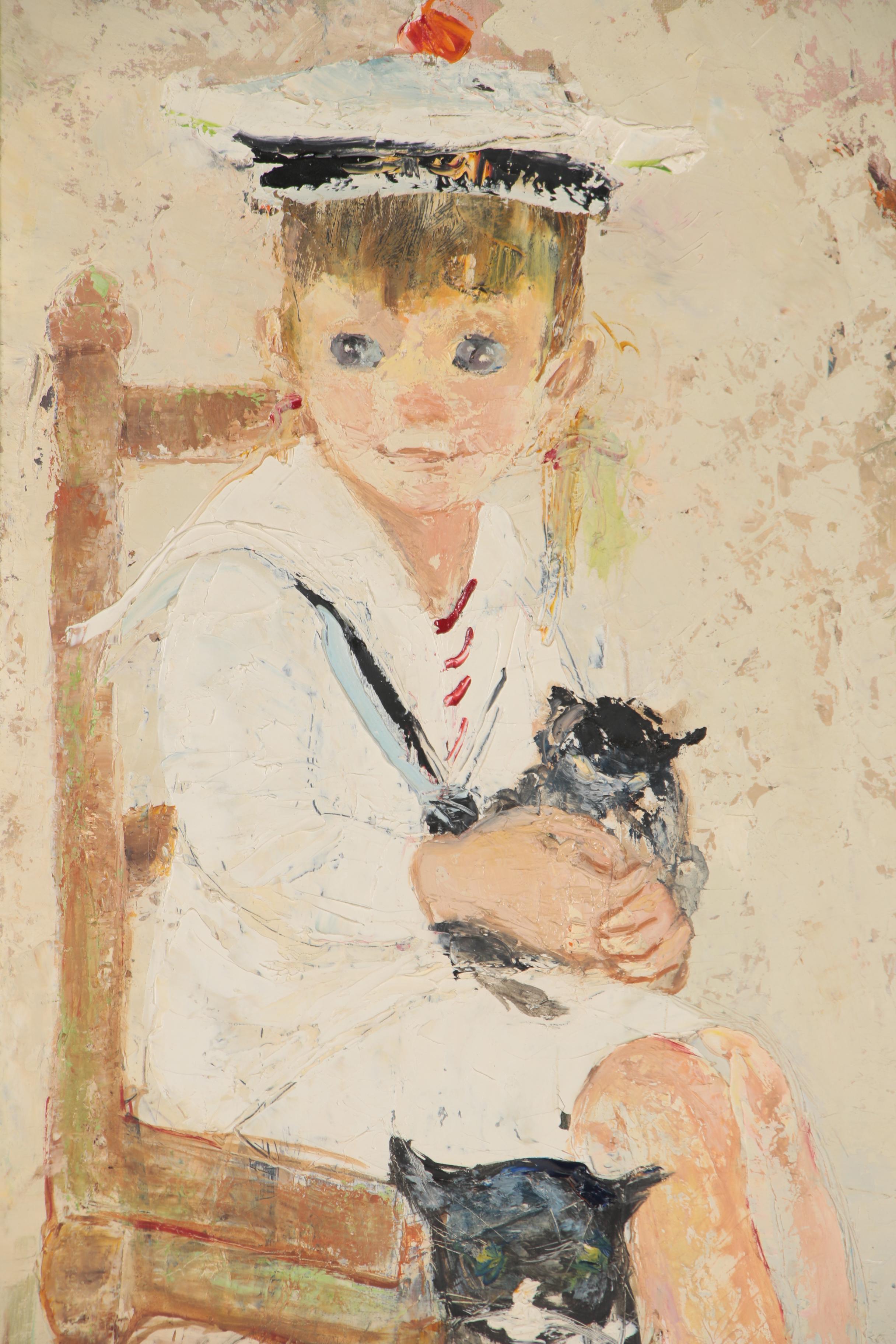 Mary Beich Oil Painting of Boy and Cats, Mid-20th Century