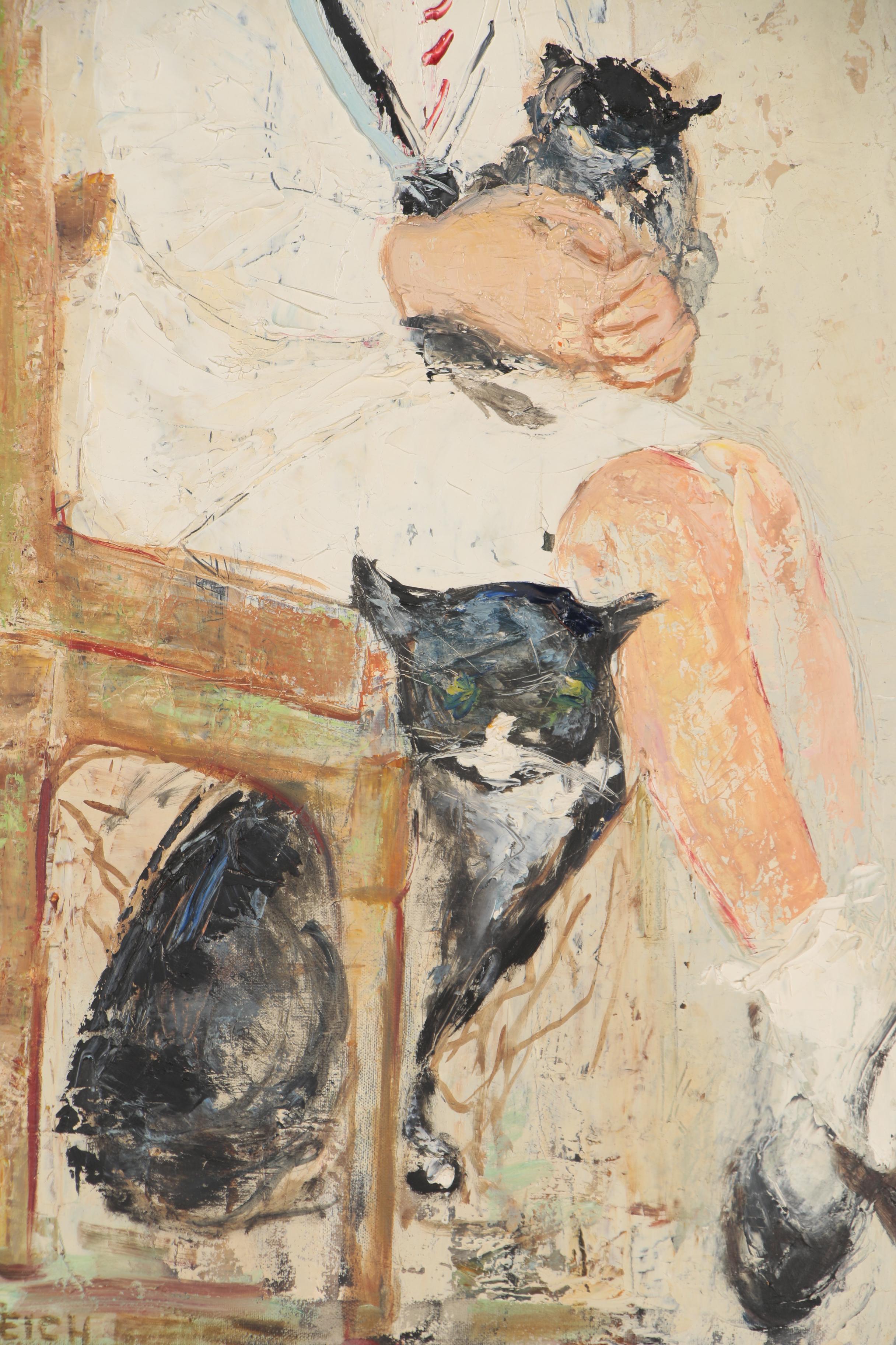 Mary Beich Oil Painting of Boy and Cats, Mid-20th Century