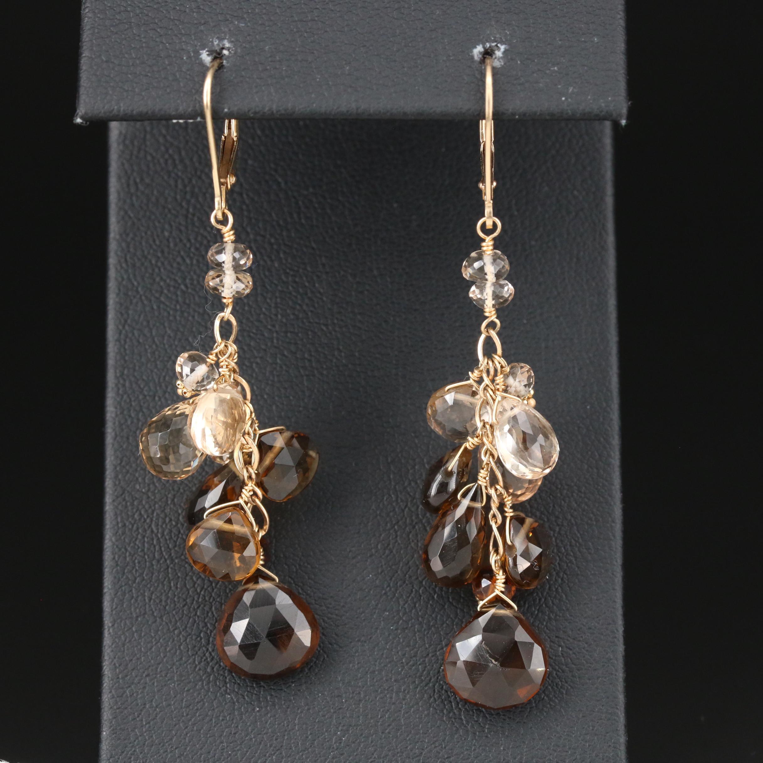 Joanne Daley 14K Gold Citrine and Smoky Quartz Dangle Earrings