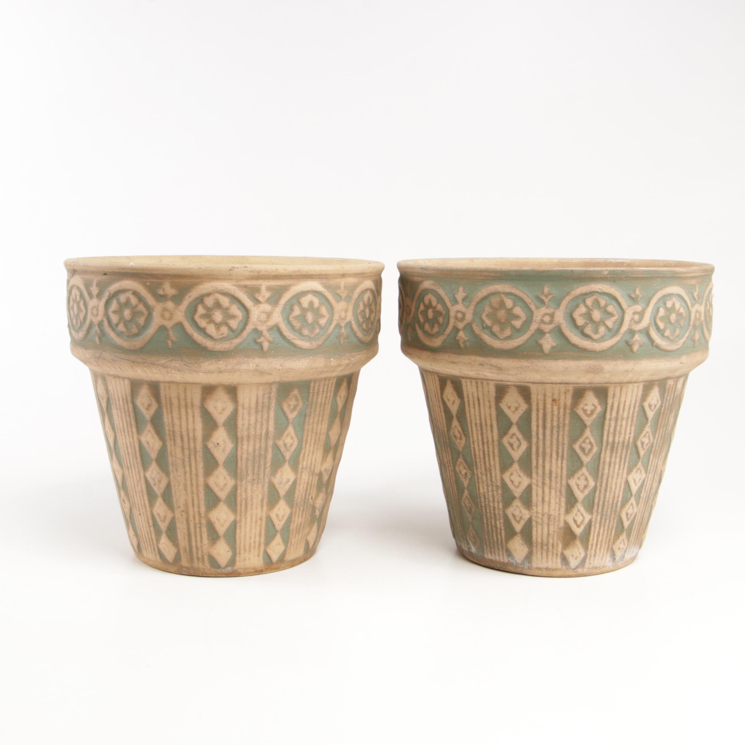 Pair of Green and Cream Ceramic Planters