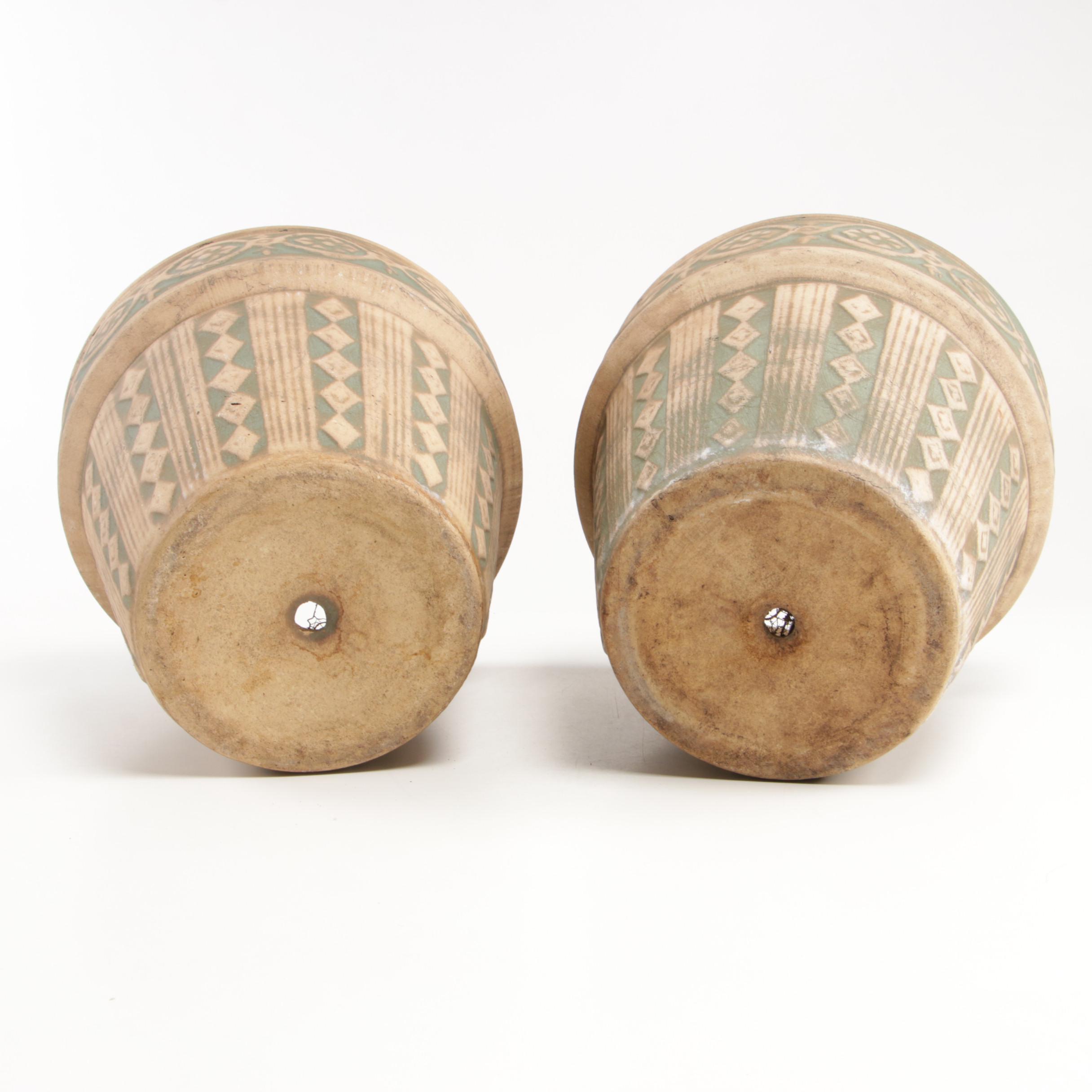 Pair of Green and Cream Ceramic Planters