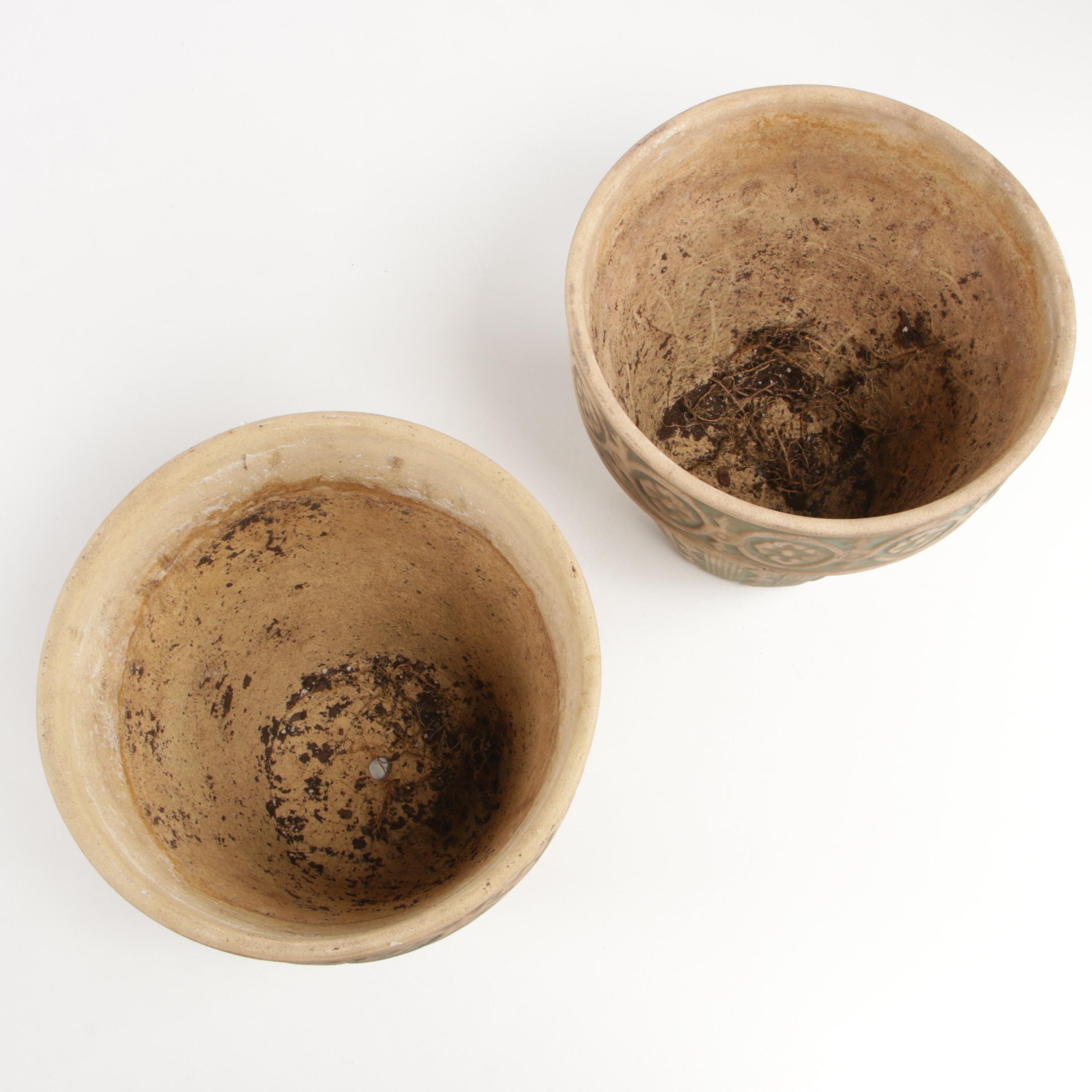 Pair of Green and Cream Ceramic Planters