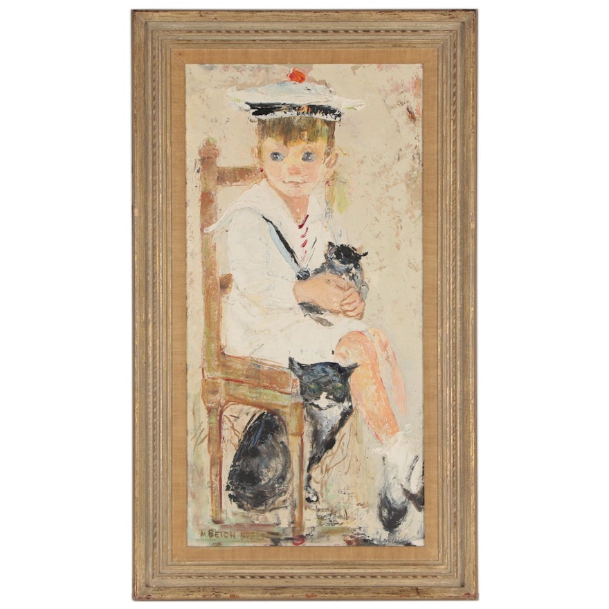 Mary Beich Oil Painting of Boy and Cats, Mid-20th Century