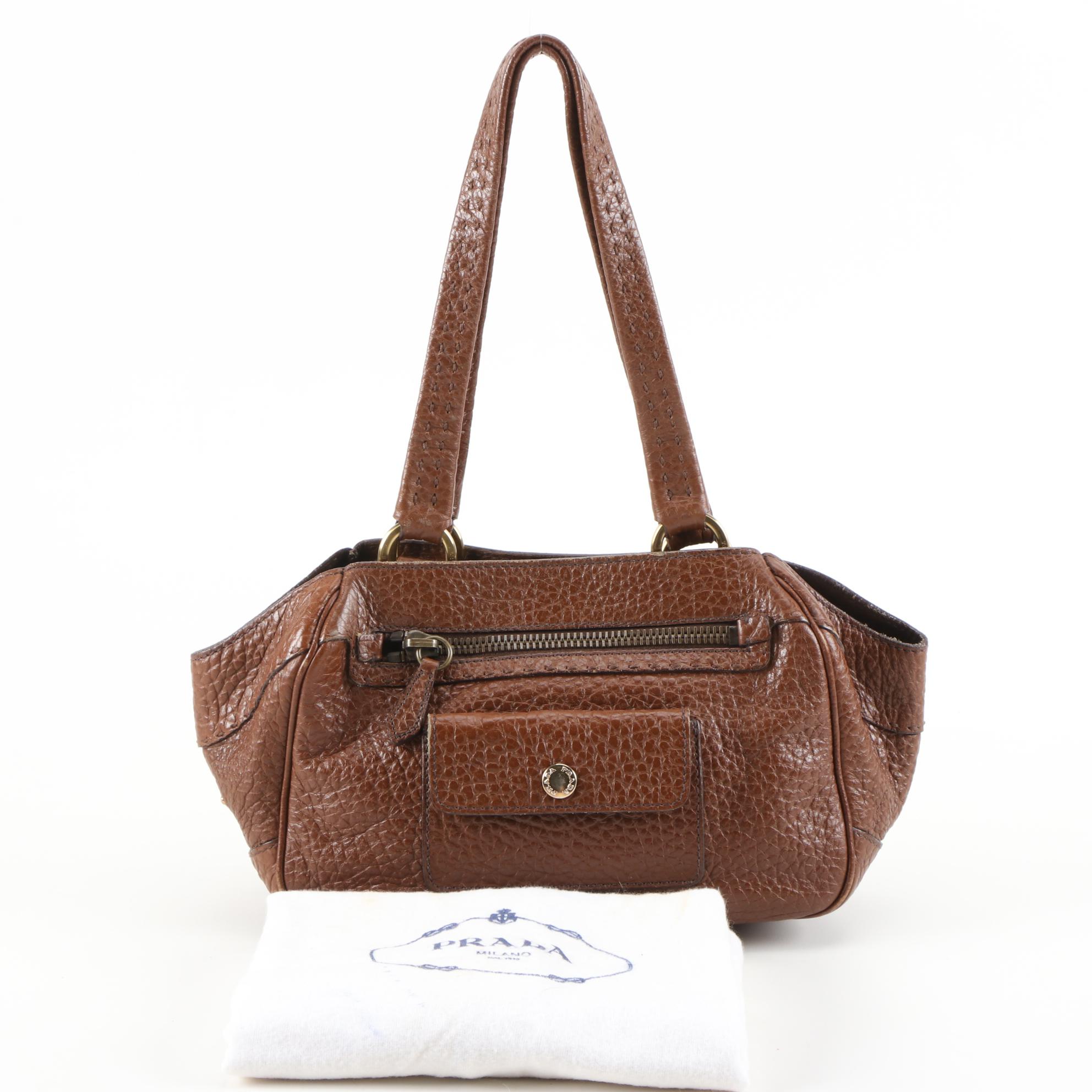 Prada Shoulder Bag in Brown Grained Leather with Berlino Oxblood Leather Lining