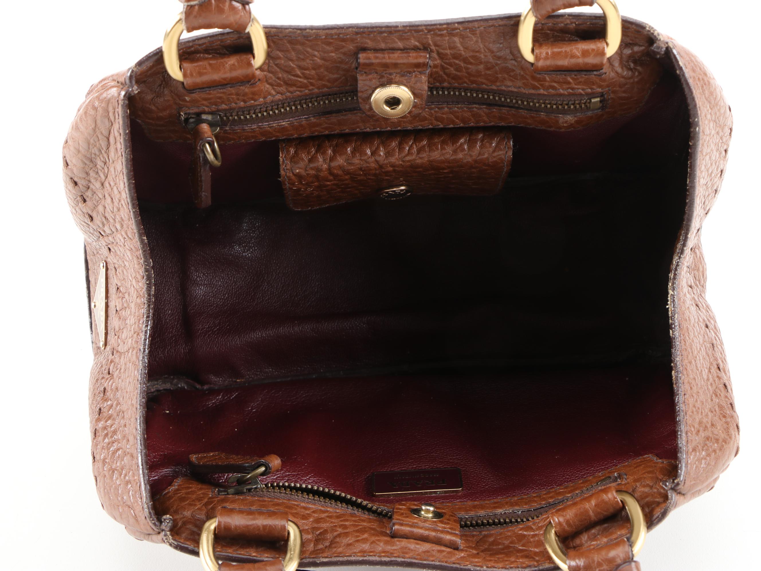 Prada Shoulder Bag in Brown Grained Leather with Berlino Oxblood Leather Lining