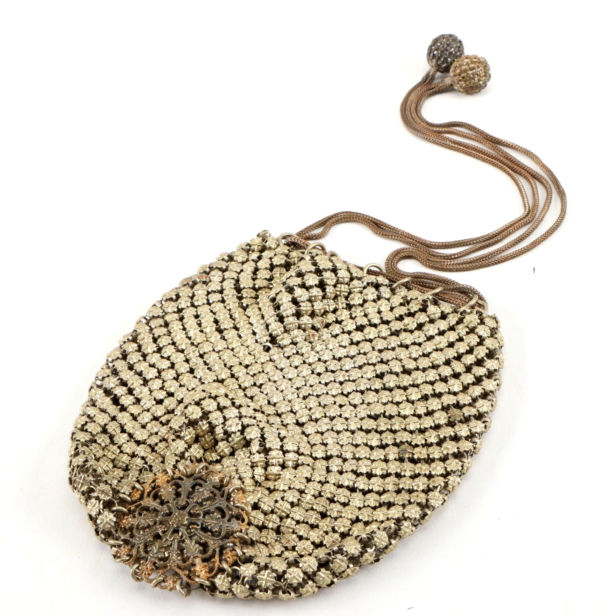 Gold Tone Embossed Metal Mesh Drawstring Dancer's Bag with Openwork Base