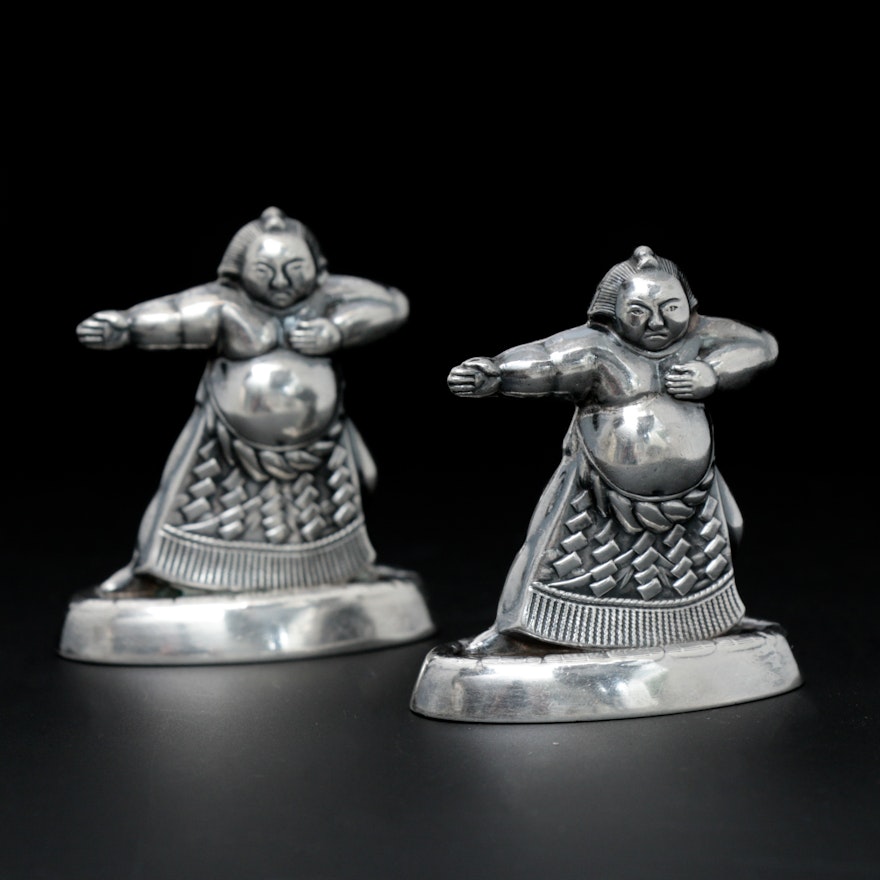 950 Silver Figural Sumo Wrestler Salt and Pepper Shakers