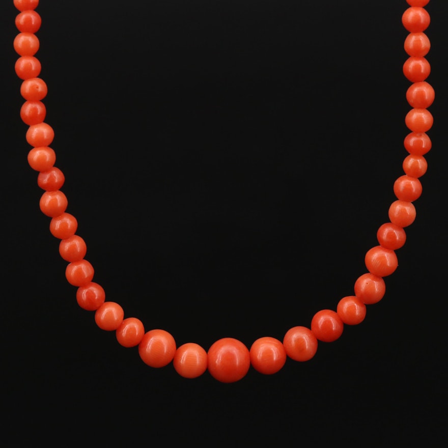 Graduated Coral Beaded Necklace with 14K Clasp