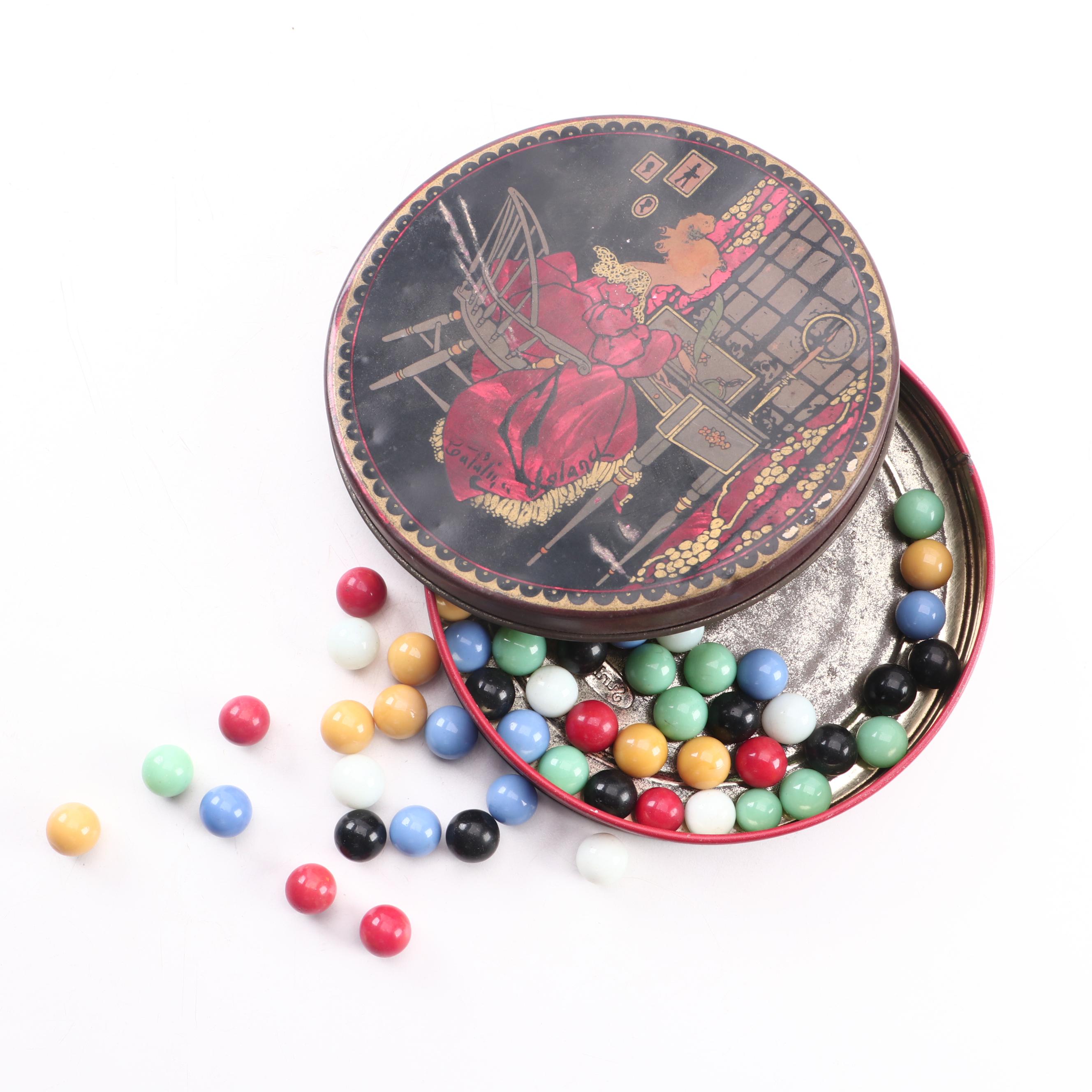 Glass Shooter Marbles Housed in Lithograph Storage Tin, Mid-20th Century