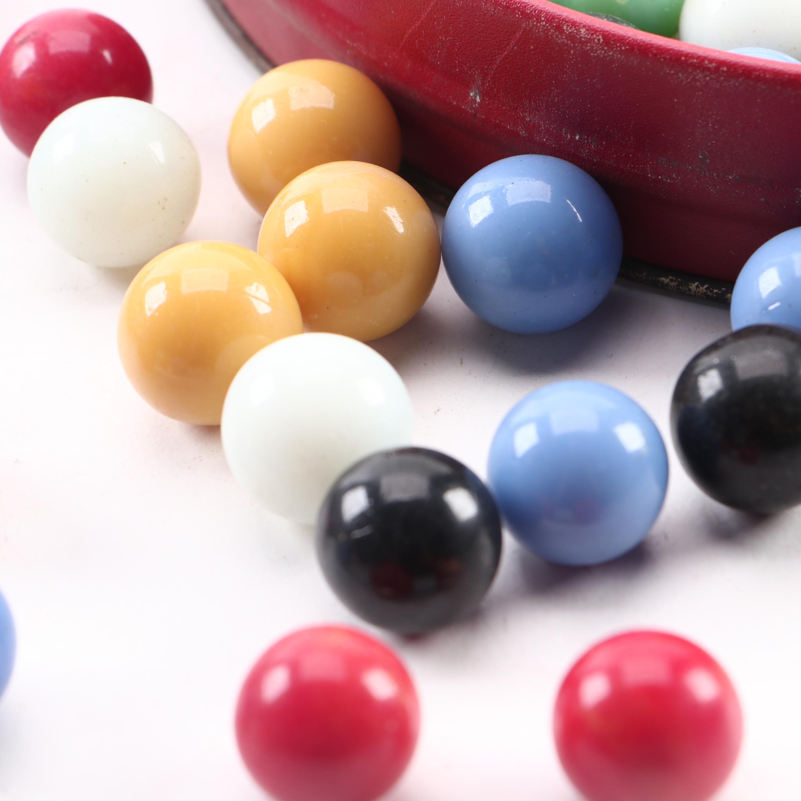 Glass Shooter Marbles Housed in Lithograph Storage Tin, Mid-20th Century