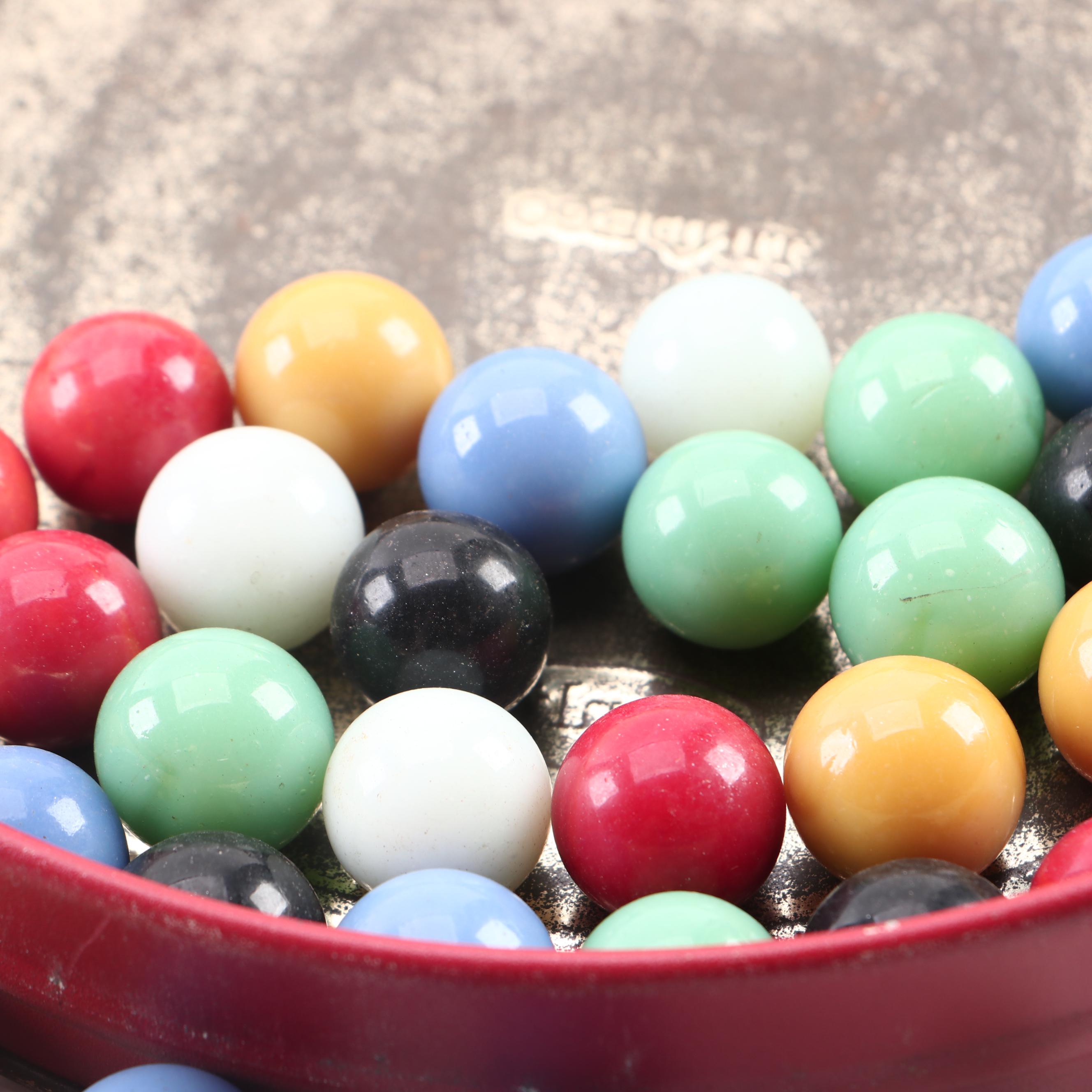Glass Shooter Marbles Housed in Lithograph Storage Tin, Mid-20th Century