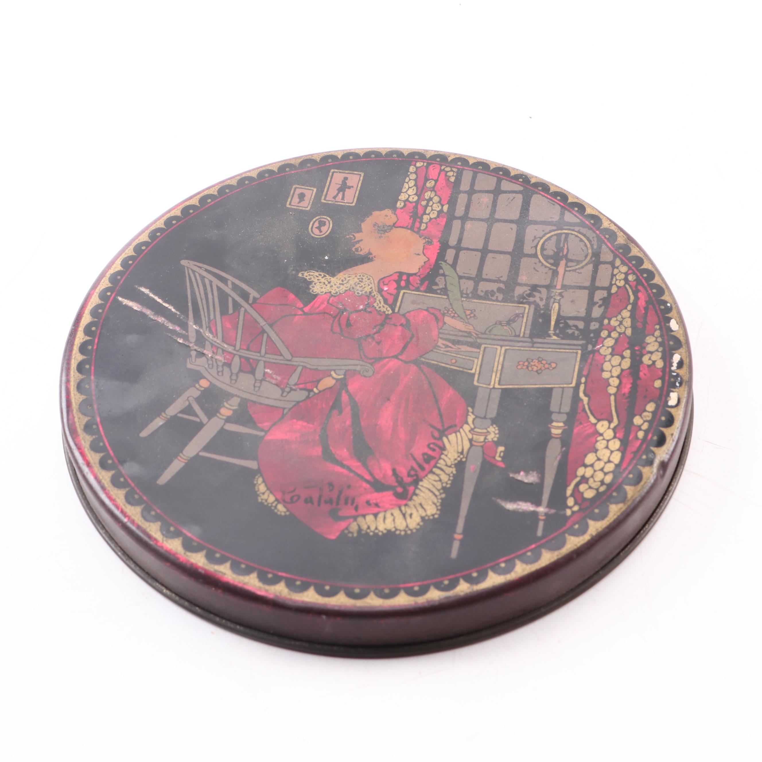 Glass Shooter Marbles Housed in Lithograph Storage Tin, Mid-20th Century