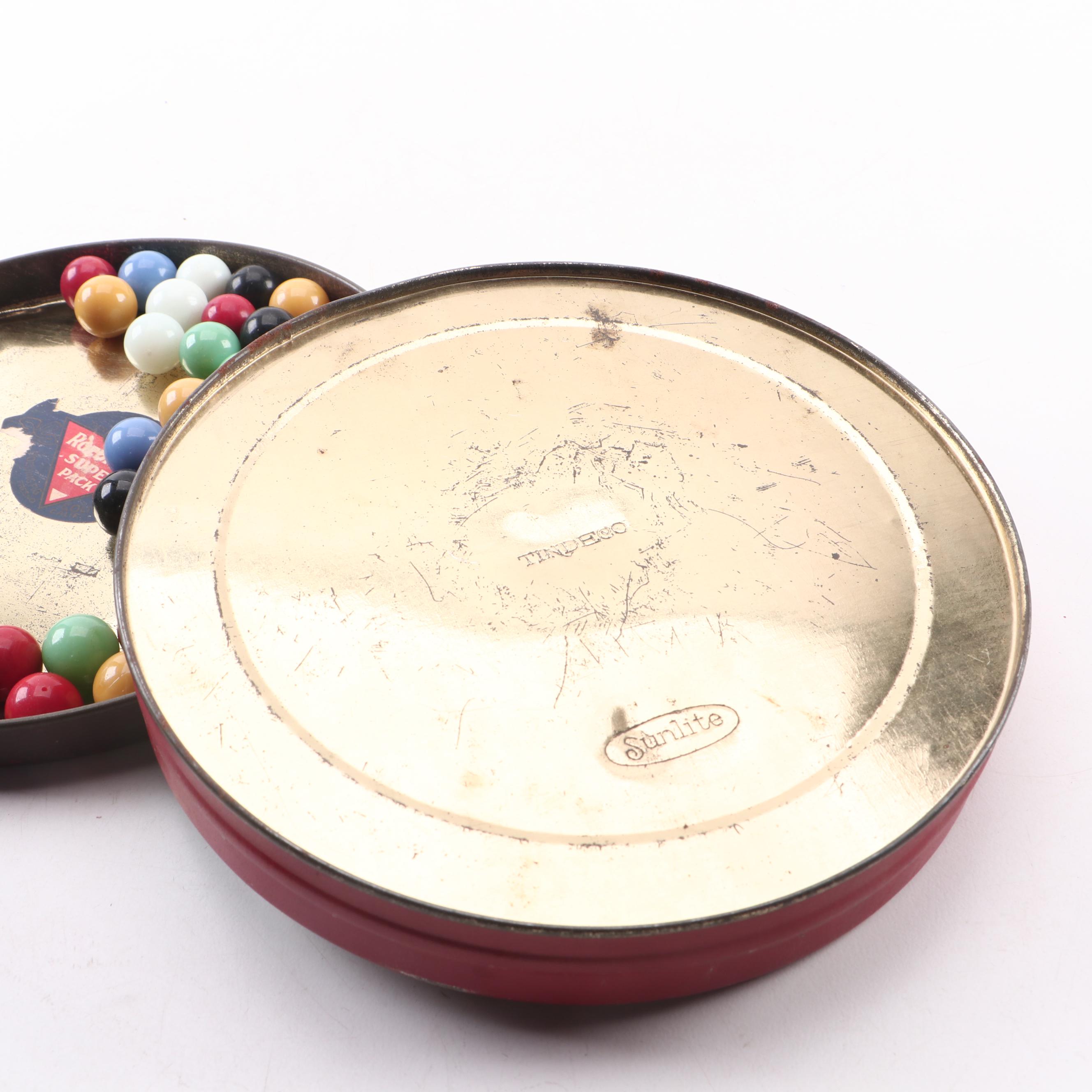 Glass Shooter Marbles Housed in Lithograph Storage Tin, Mid-20th Century