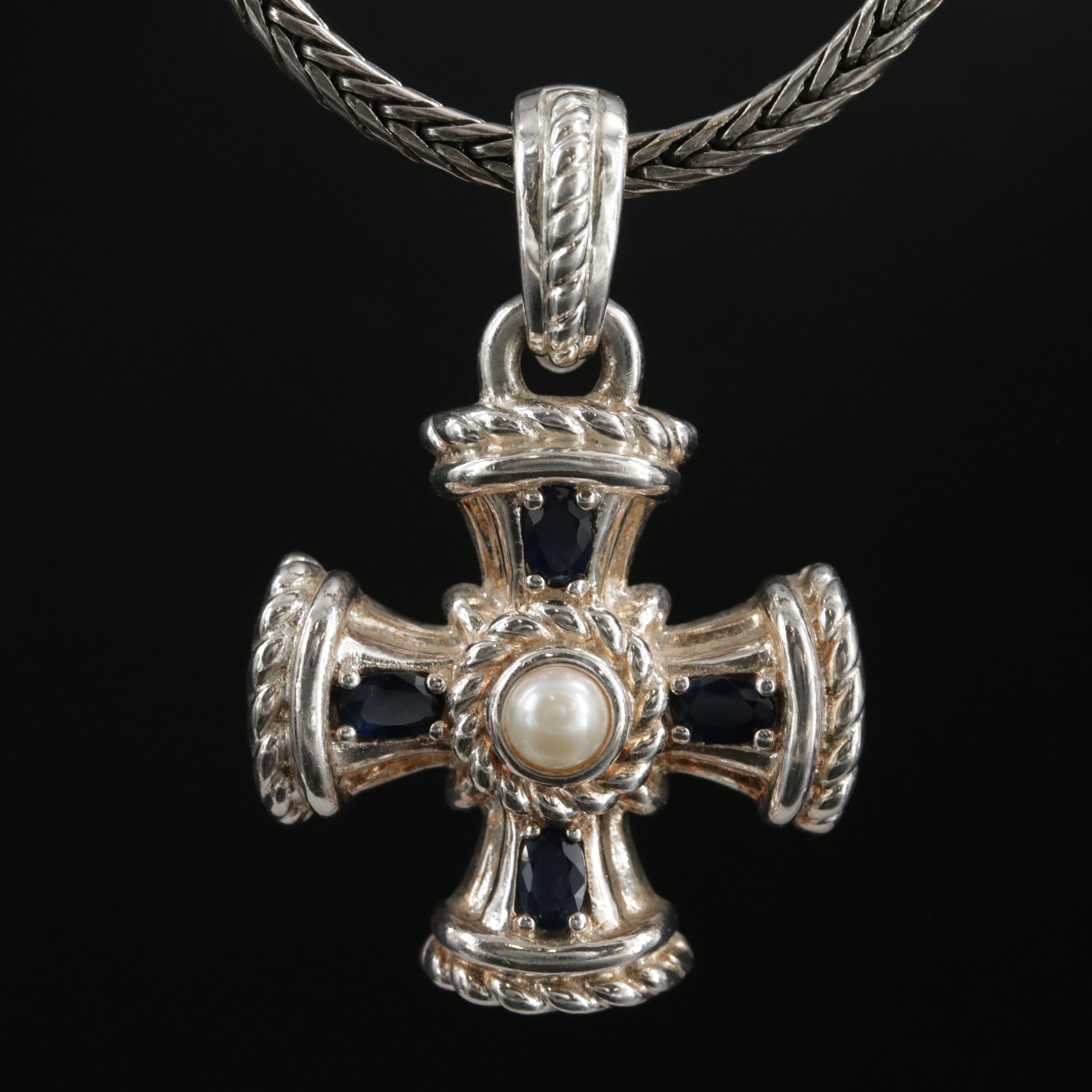 Judith Ripka Sterling Silver Pearl and Sapphire Maltese Cross Necklace