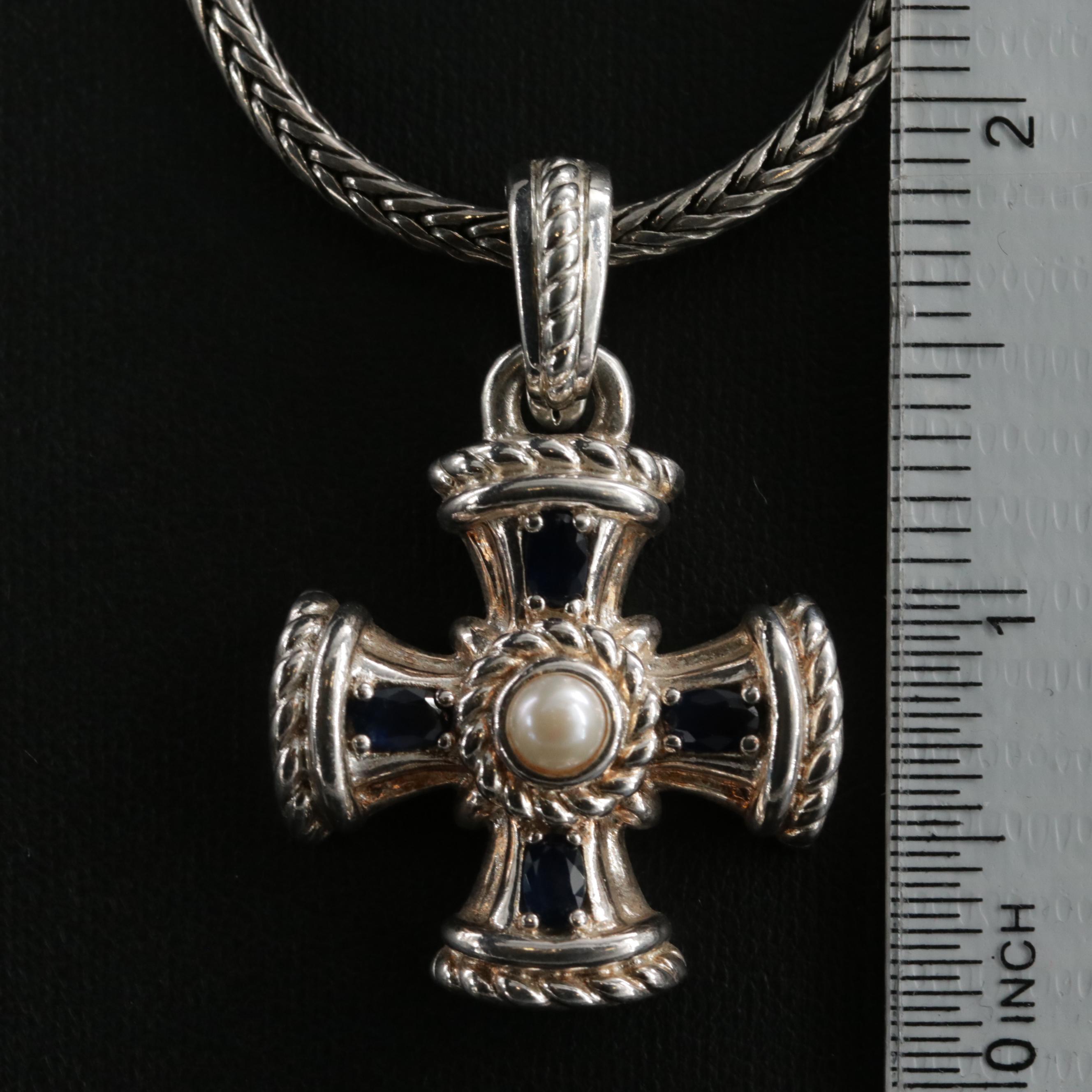 Judith Ripka Sterling Silver Pearl and Sapphire Maltese Cross Necklace