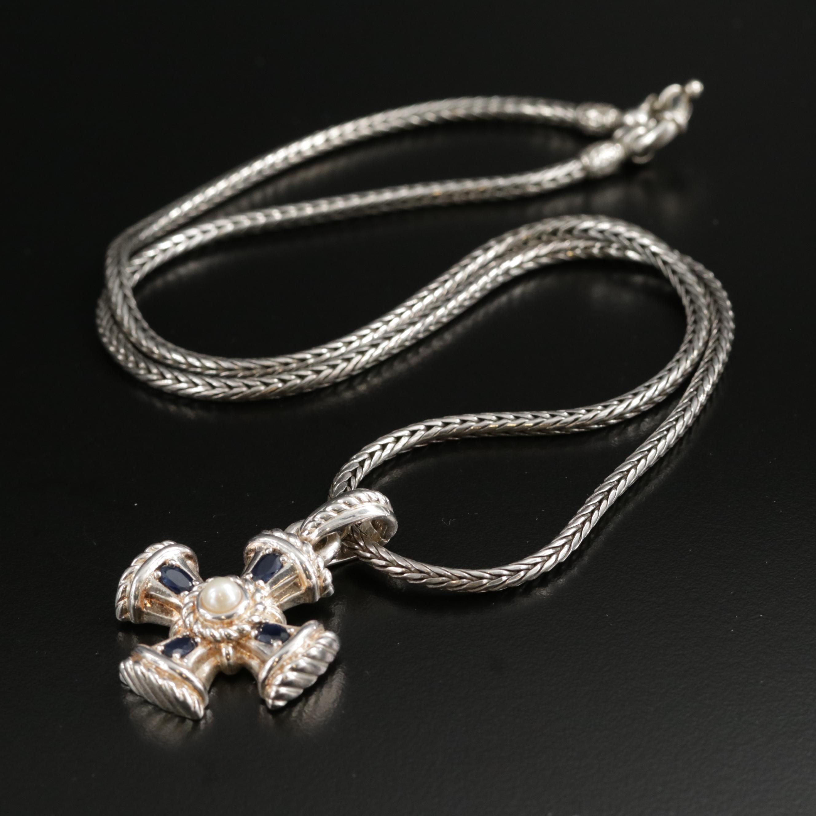 Judith Ripka Sterling Silver Pearl and Sapphire Maltese Cross Necklace