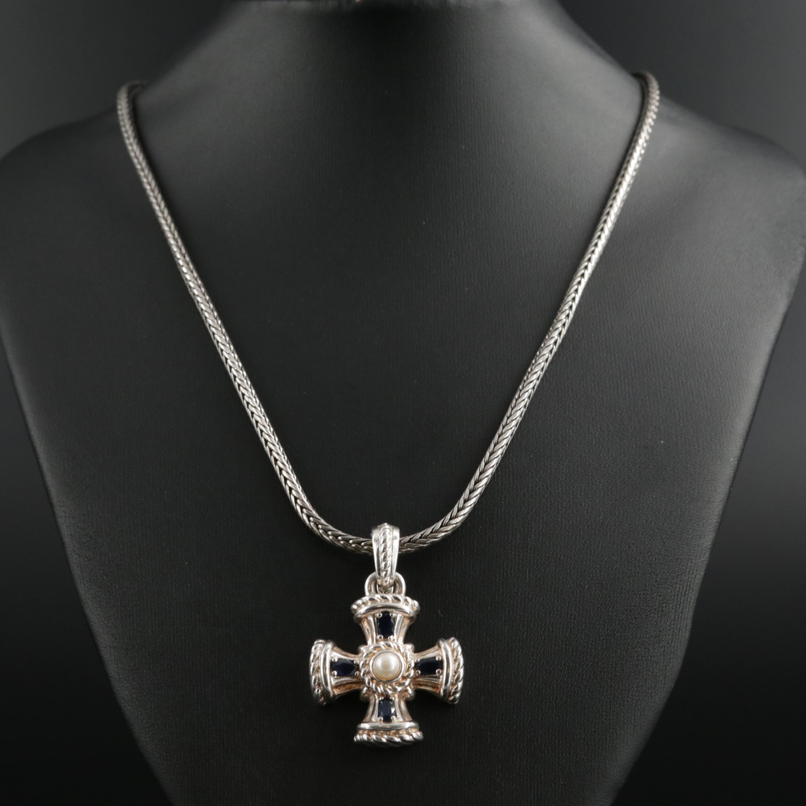 Judith Ripka Sterling Silver Pearl and Sapphire Maltese Cross Necklace