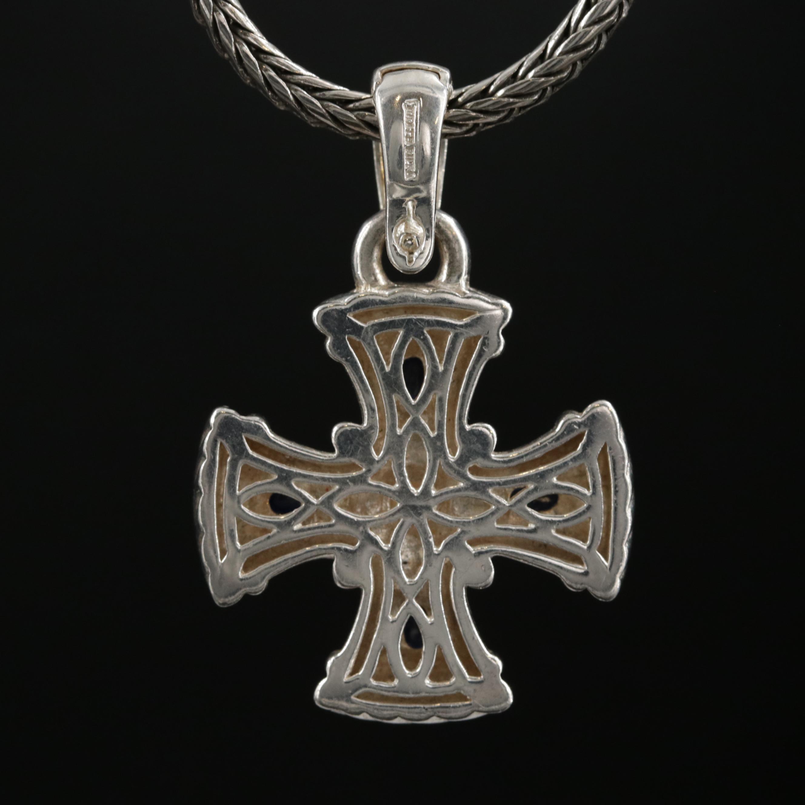 Judith Ripka Sterling Silver Pearl and Sapphire Maltese Cross Necklace