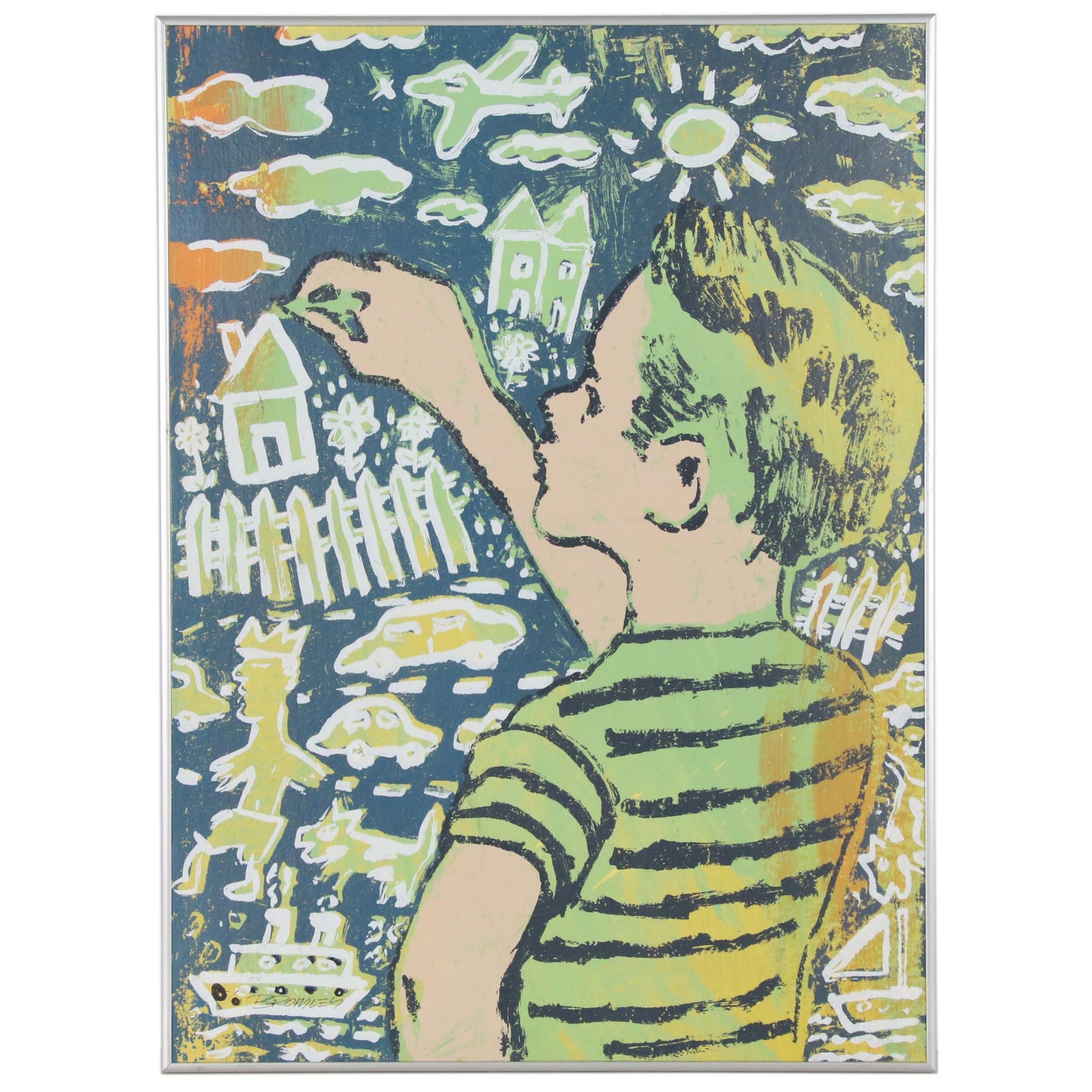 David Bromley Embellished Serigraph "Young Artist Vertical"