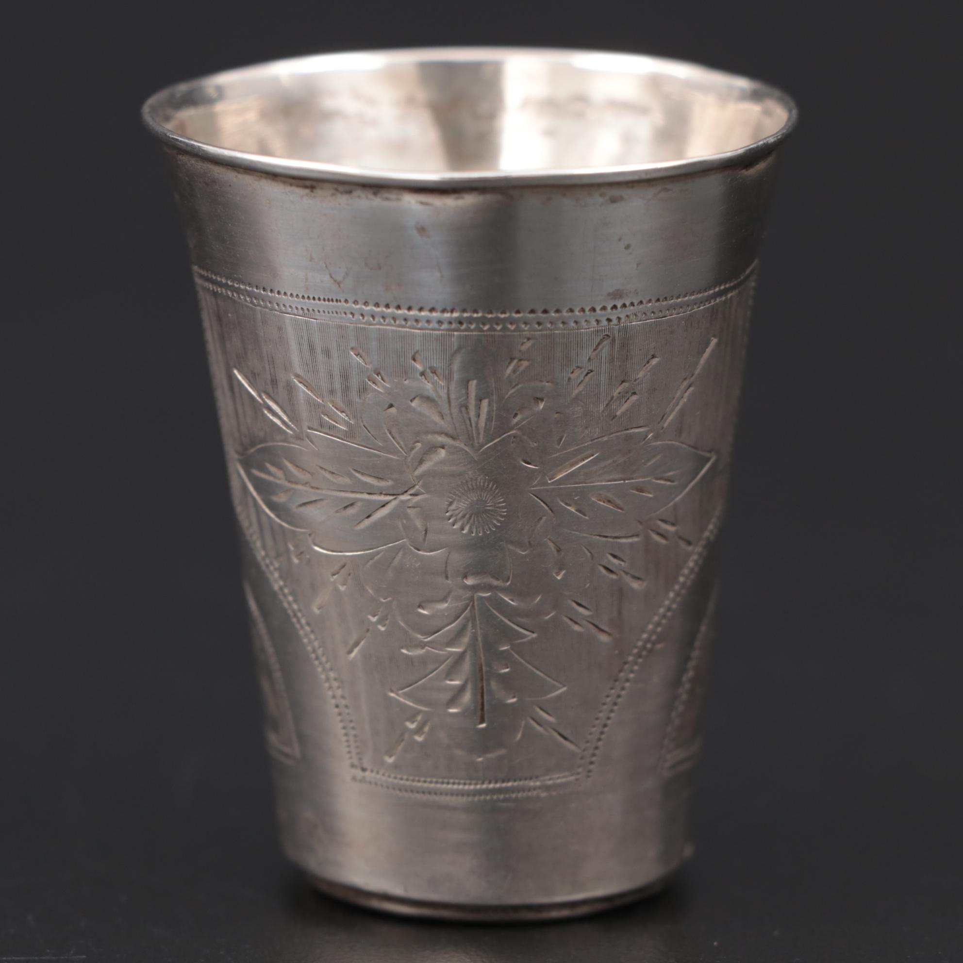Imperial Russian Engraved 84 Zolokniki Silver Shot Glass, 1900-1908