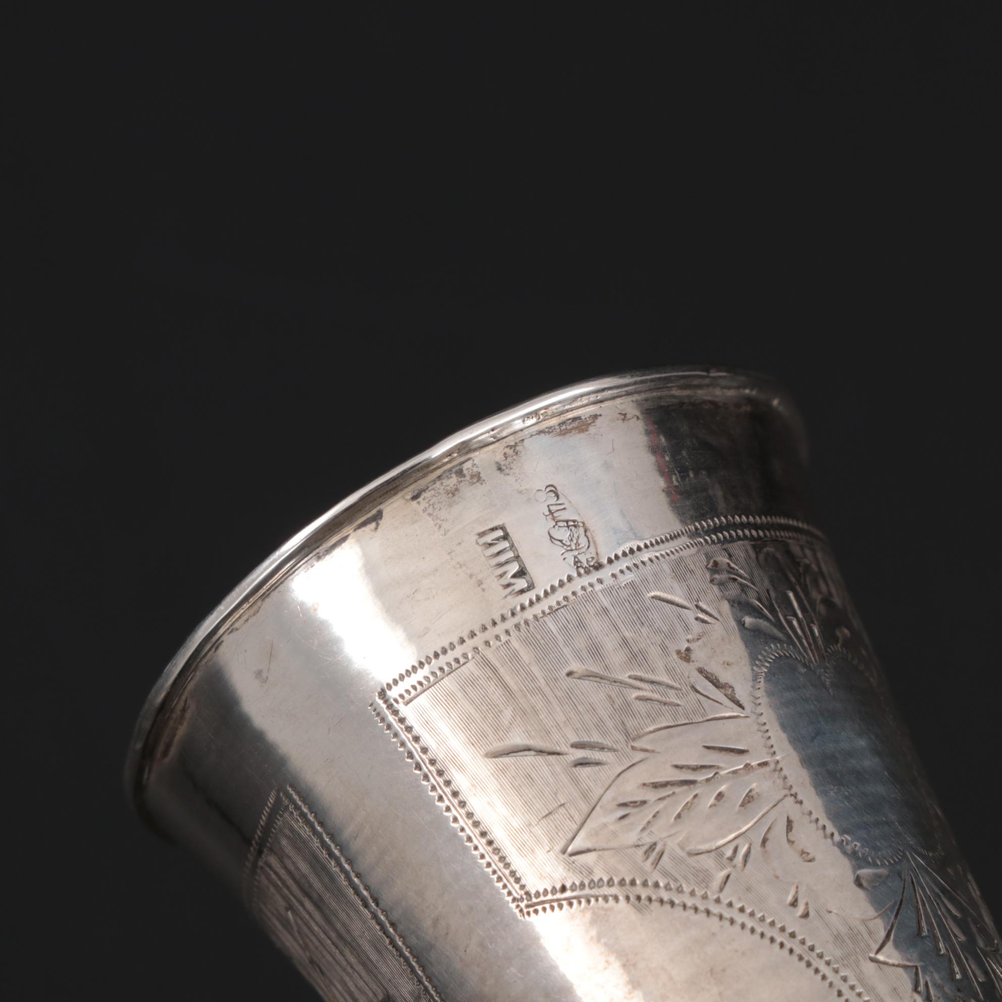 Imperial Russian Engraved 84 Zolokniki Silver Shot Glass, 1900-1908