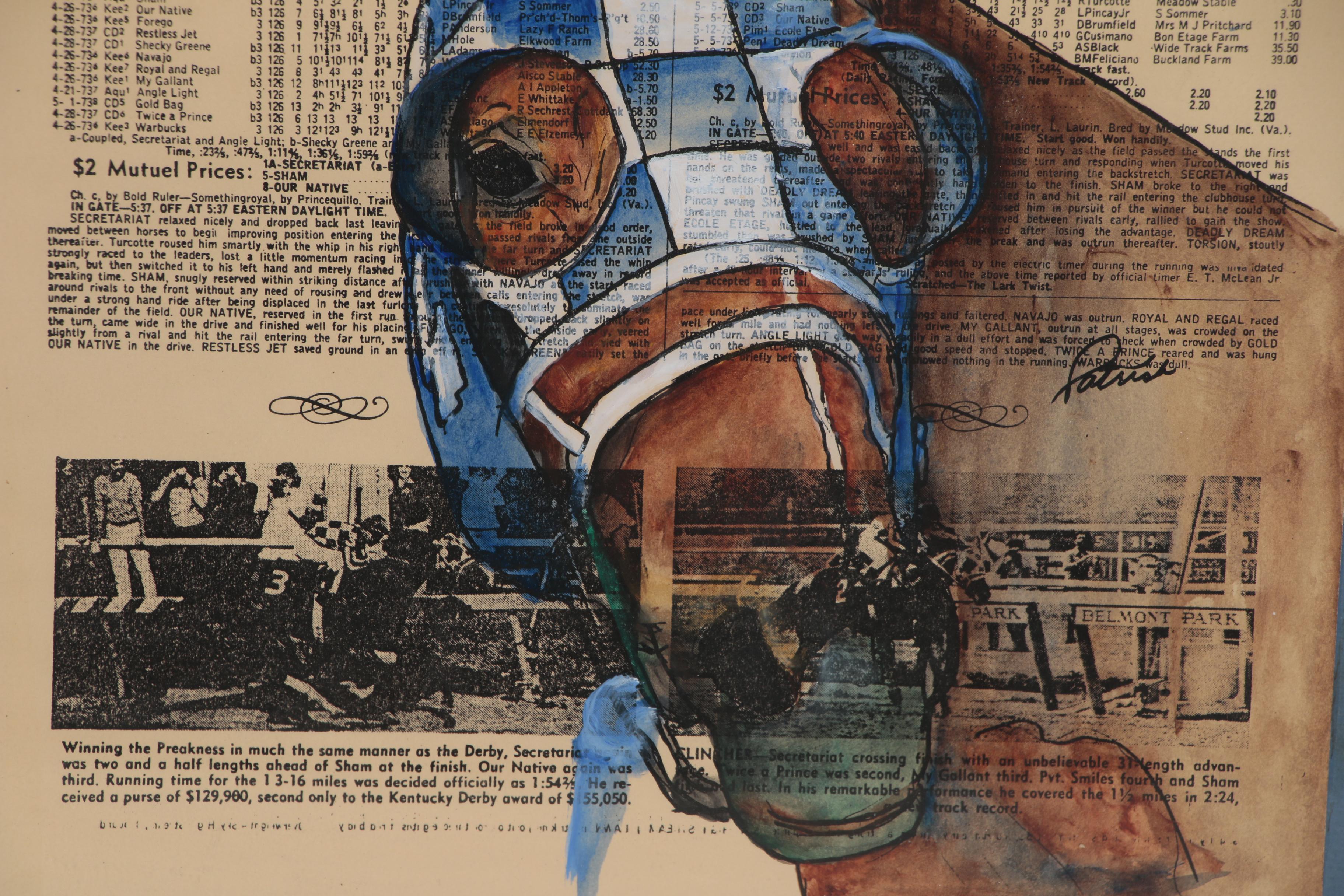 Secretariat Gouache Painting on Racing Form, circa 1973