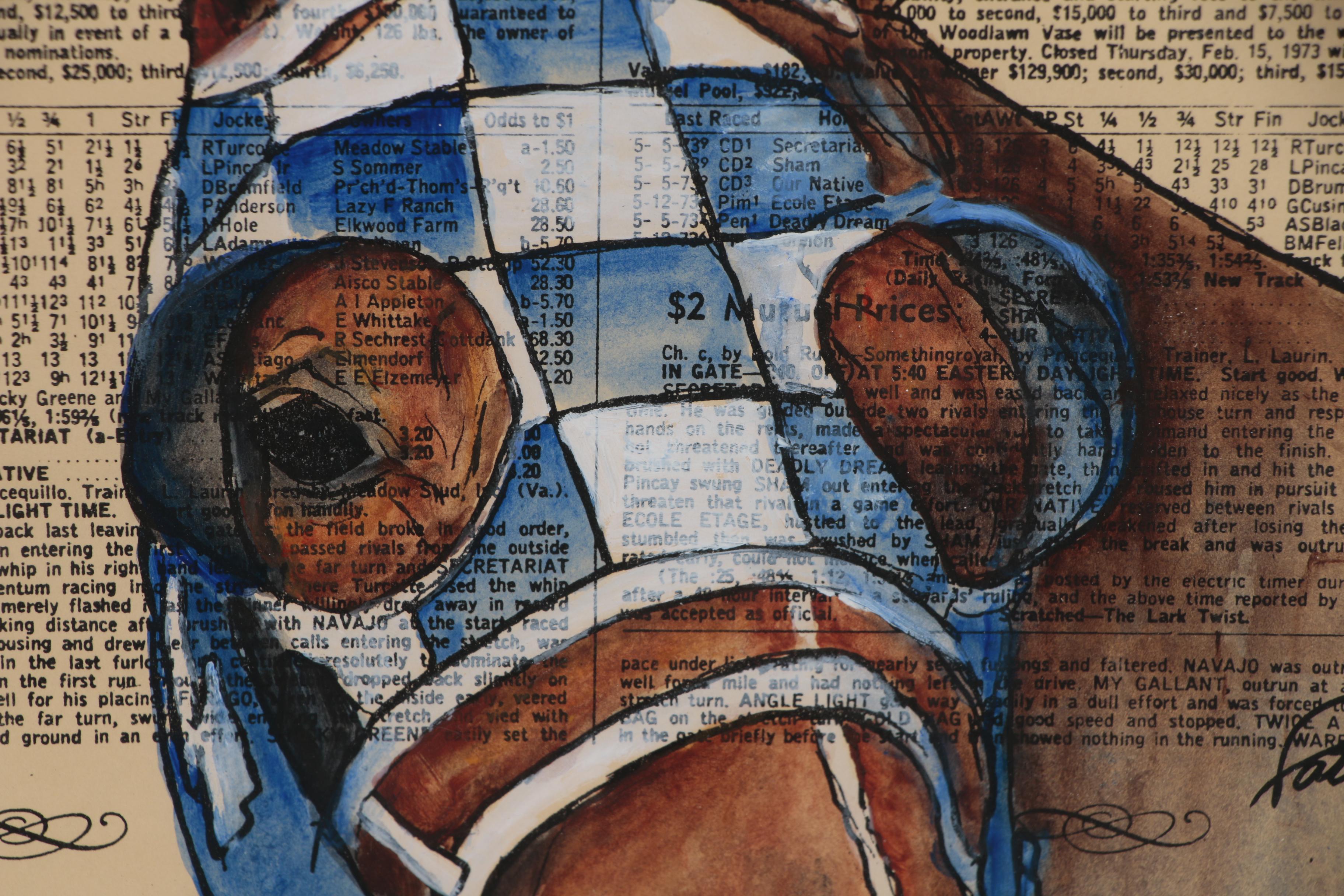 Secretariat Gouache Painting on Racing Form, circa 1973