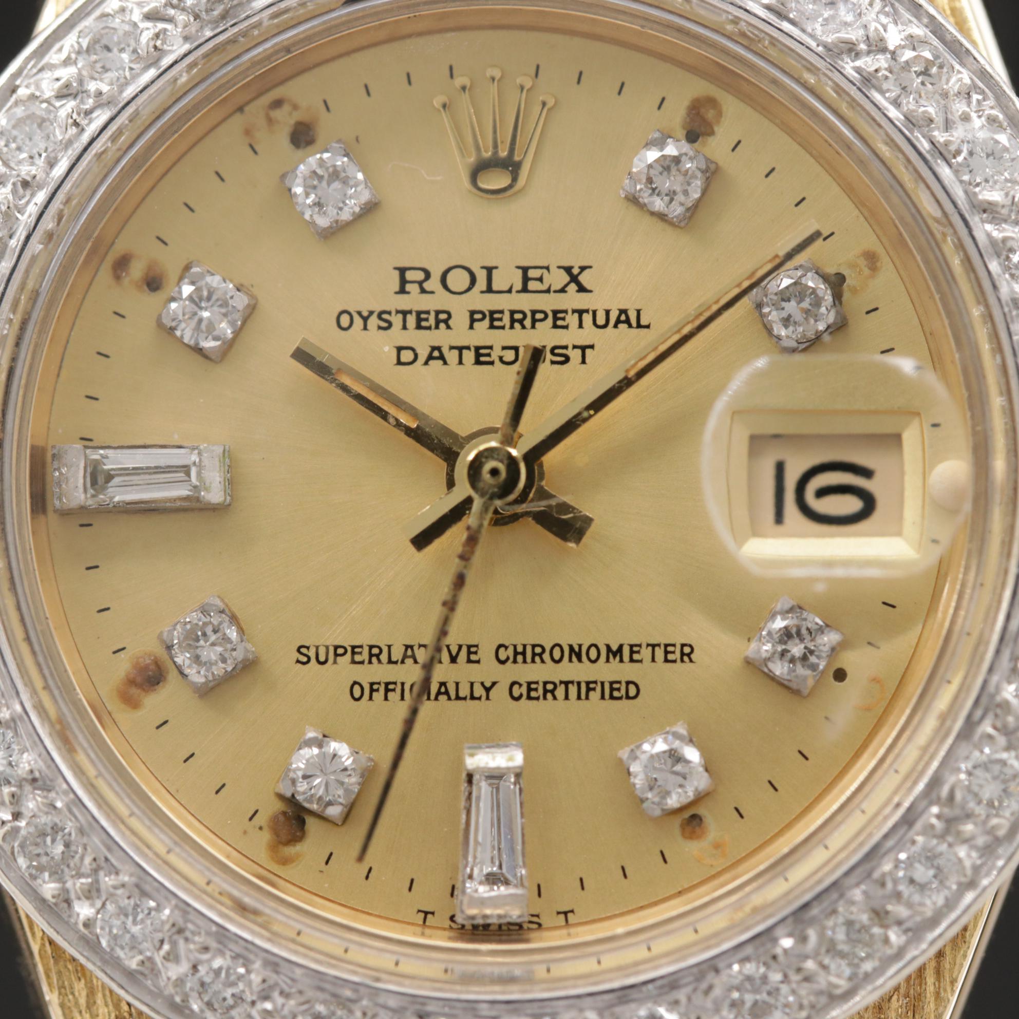1982 Rolex Datejust 18K Bark Finished Gold and Diamond Automatic Watch
