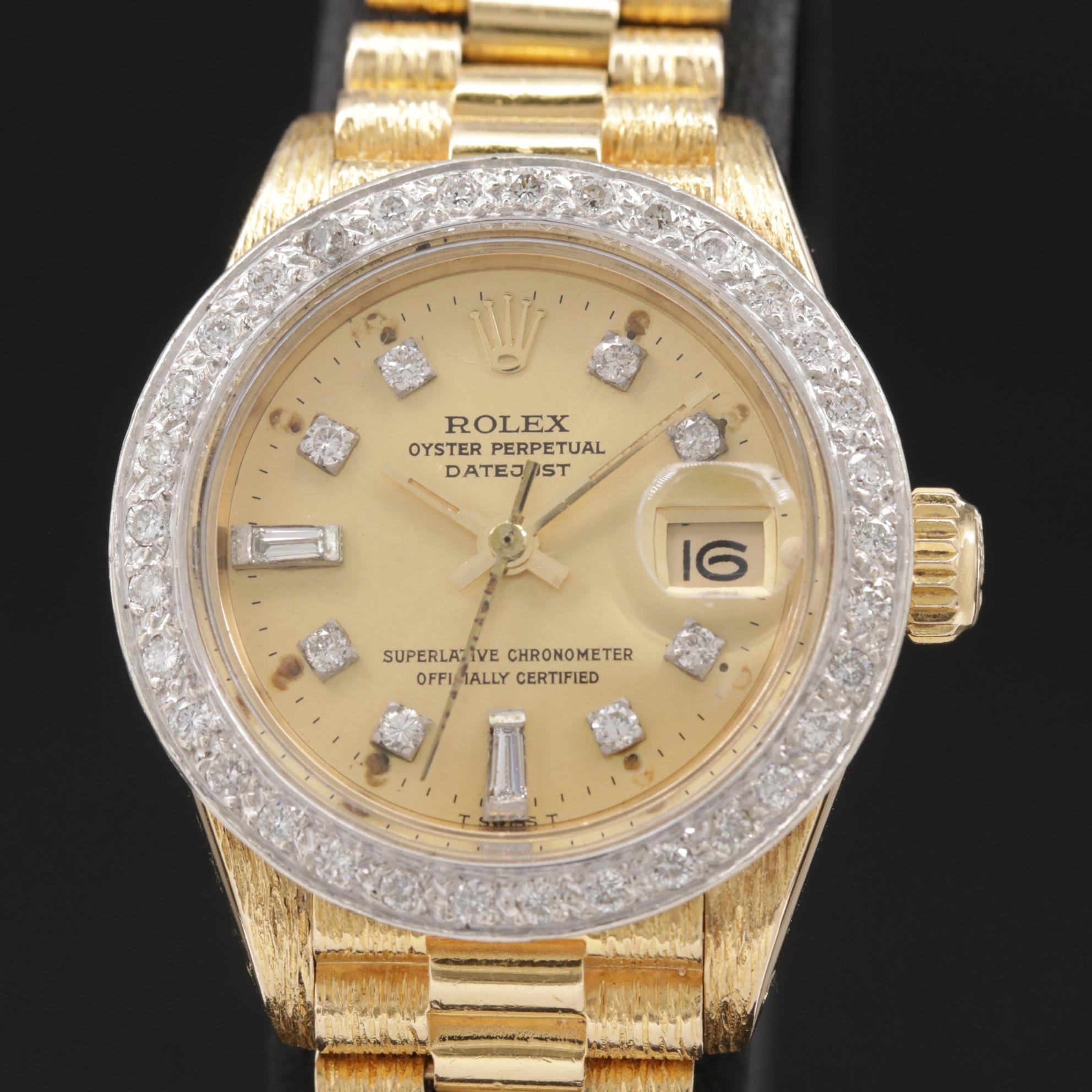 1982 Rolex Datejust 18K Bark Finished Gold and Diamond Automatic Watch