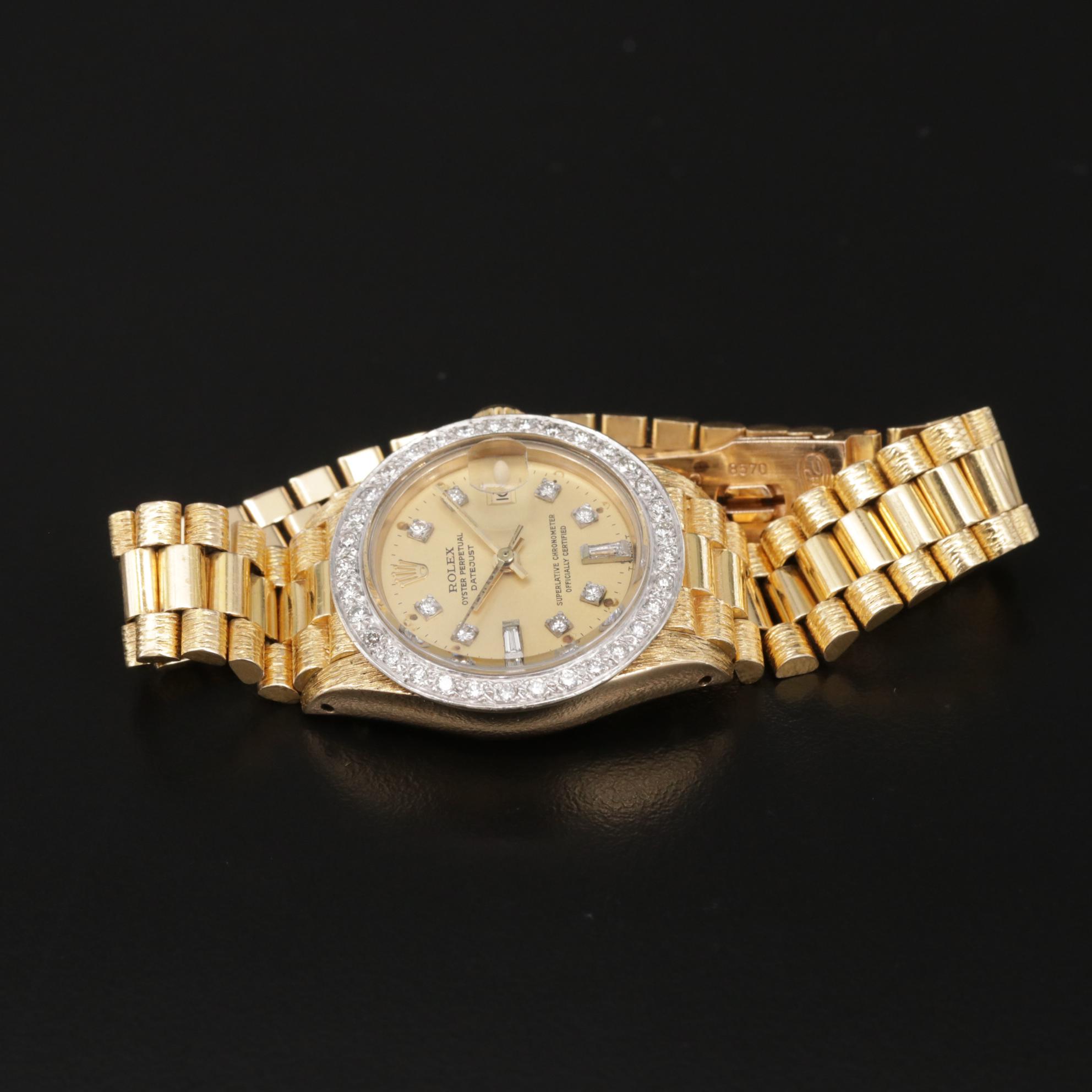 1982 Rolex Datejust 18K Bark Finished Gold and Diamond Automatic Watch