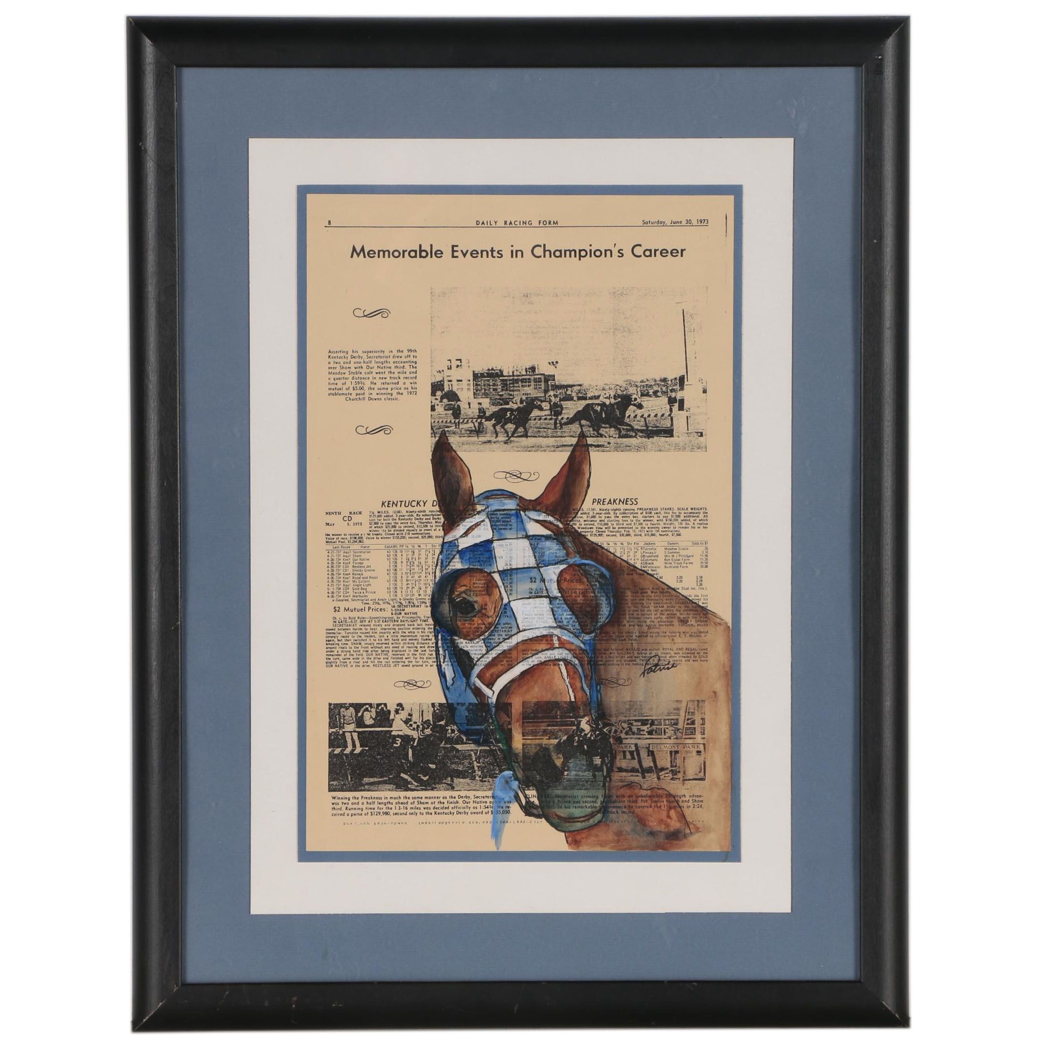 Secretariat Gouache Painting on Racing Form, circa 1973