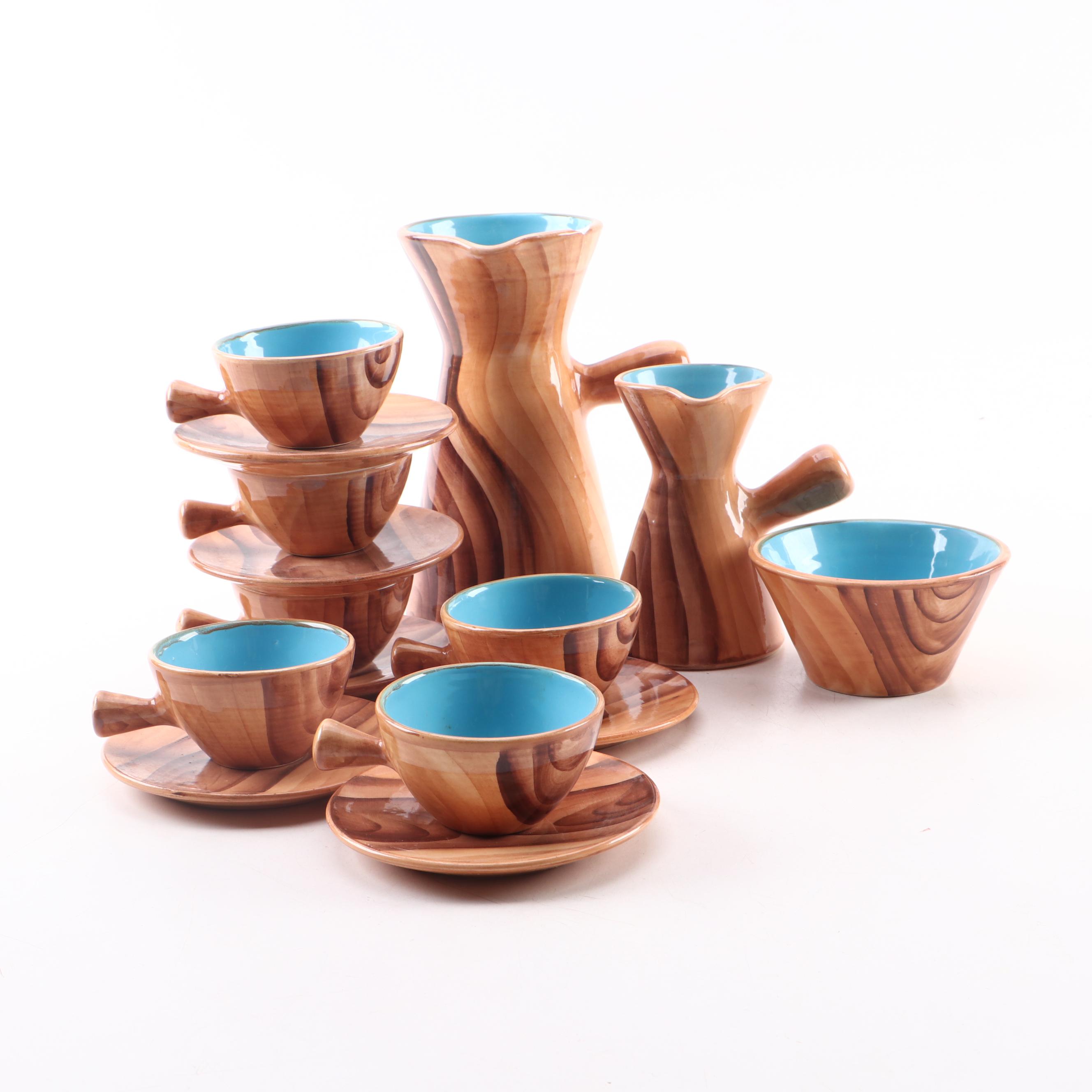 Vallauris Pottery Chocolate Set with Blue Interior, Mid-20th Century