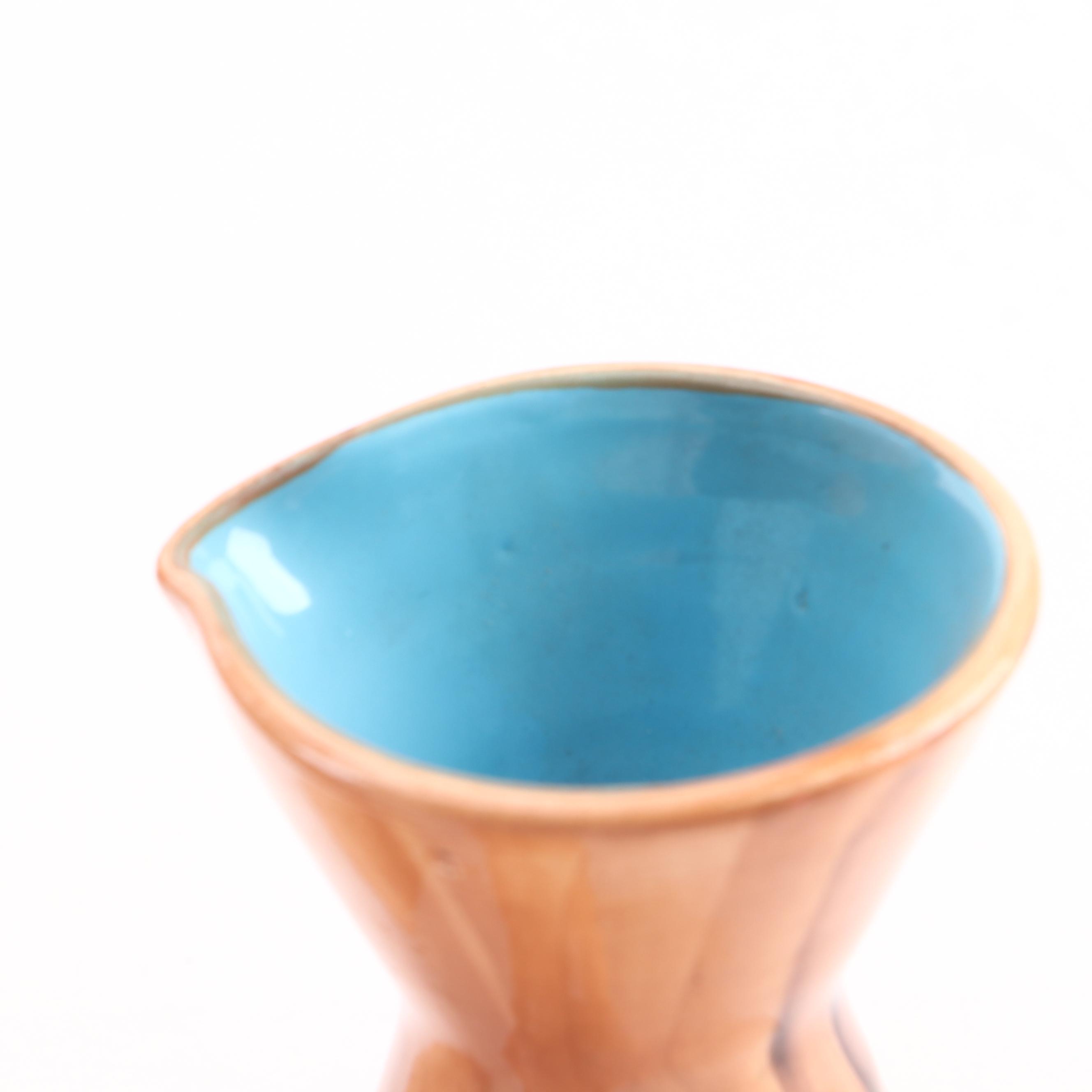 Vallauris Pottery Chocolate Set with Blue Interior, Mid-20th Century