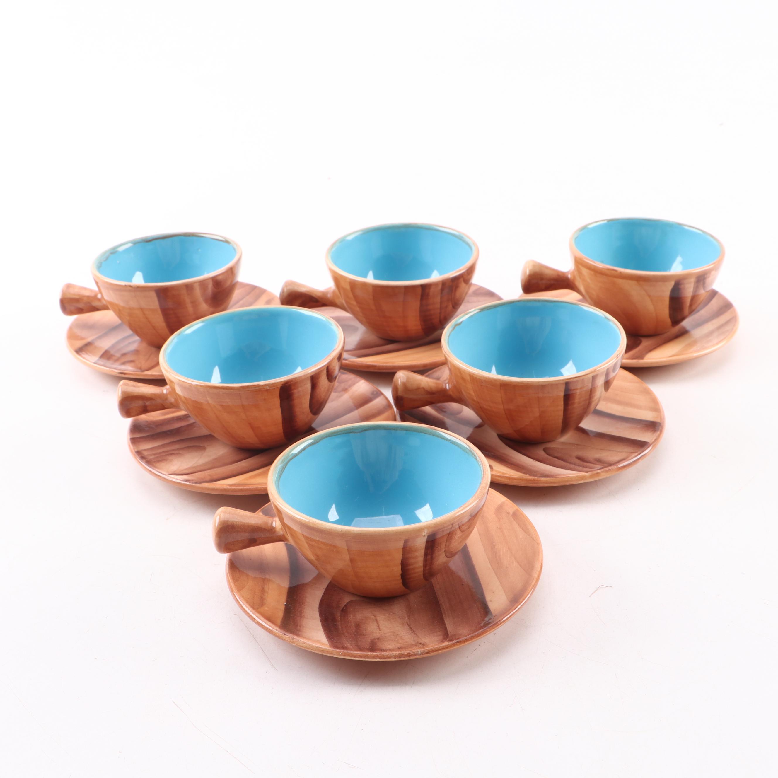 Vallauris Pottery Chocolate Set with Blue Interior, Mid-20th Century